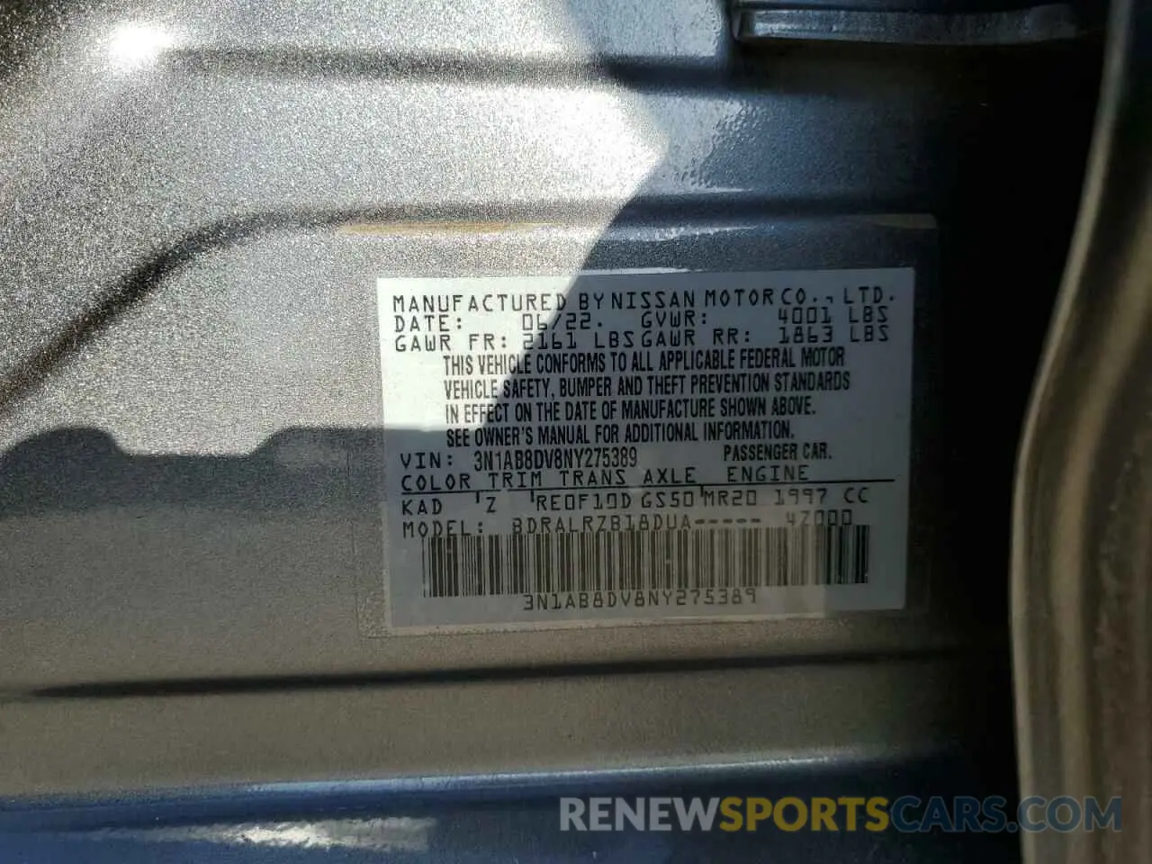 13 fotografías del automóvil dañado 3N1AB8DV8NY275389 NISSAN SENTRA 2022