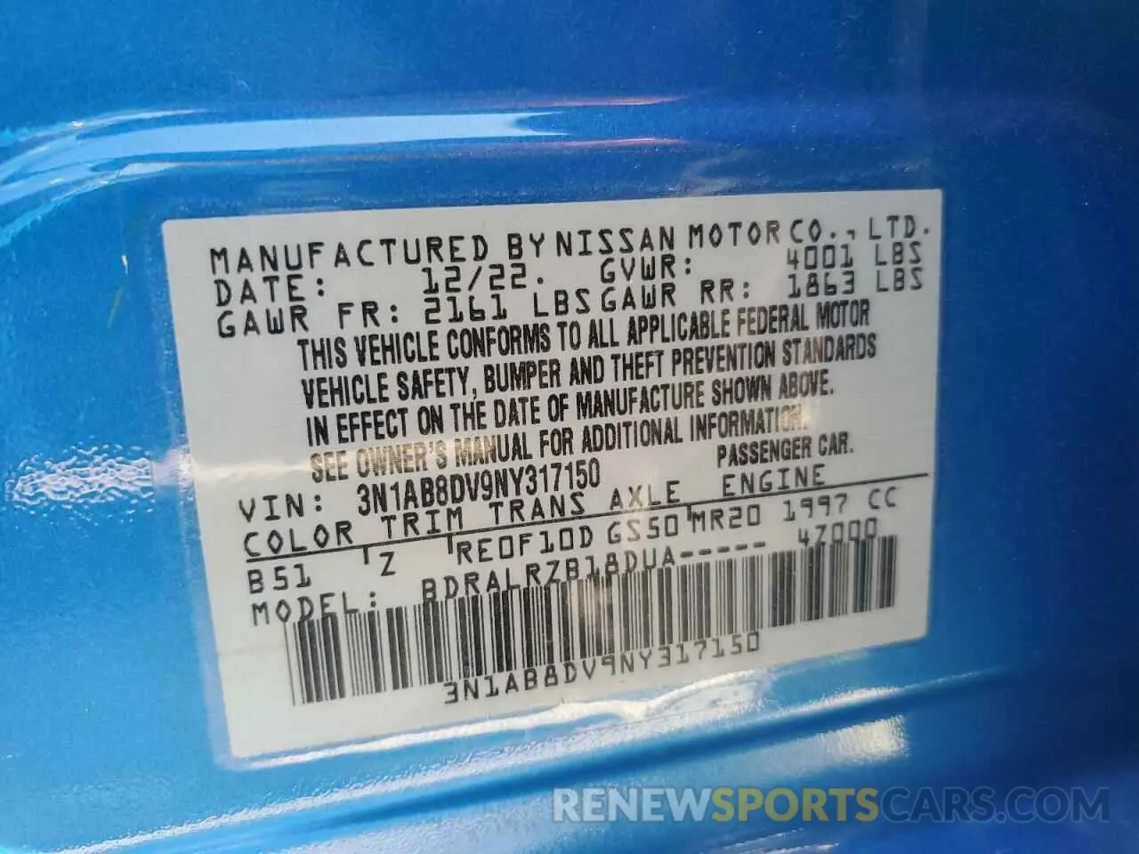 15 fotografías del automóvil dañado 3N1AB8DV9NY317150 NISSAN SENTRA 2022