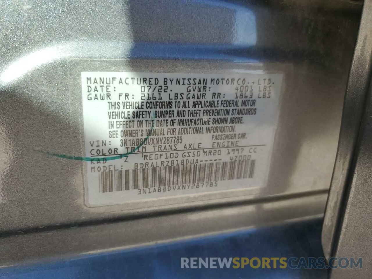 12 fotografías del automóvil dañado 3N1AB8DVXNY287785 NISSAN SENTRA 2022