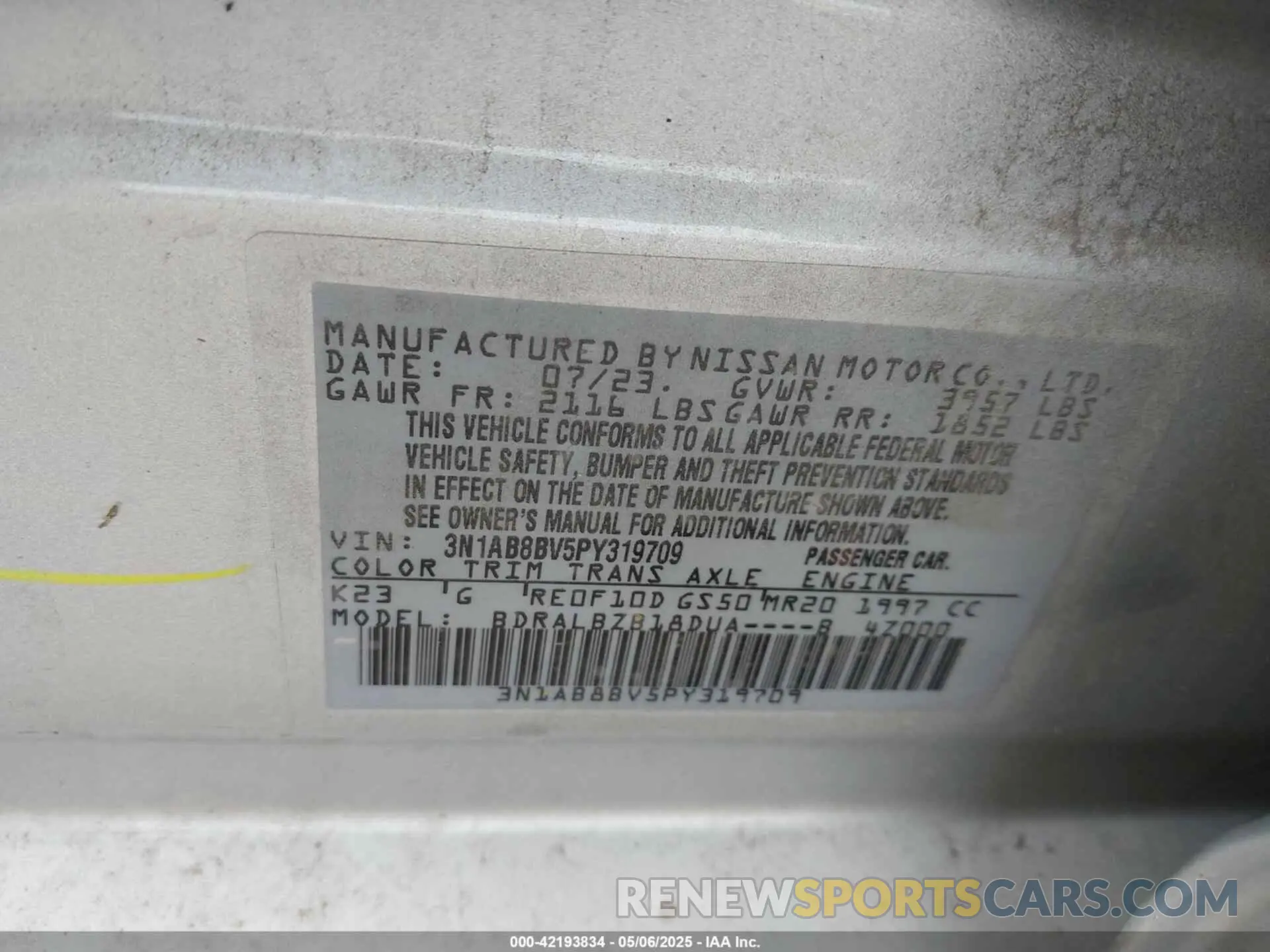 9 fotografías del automóvil dañado 3N1AB8BV5PY319709 NISSAN SENTRA 2023