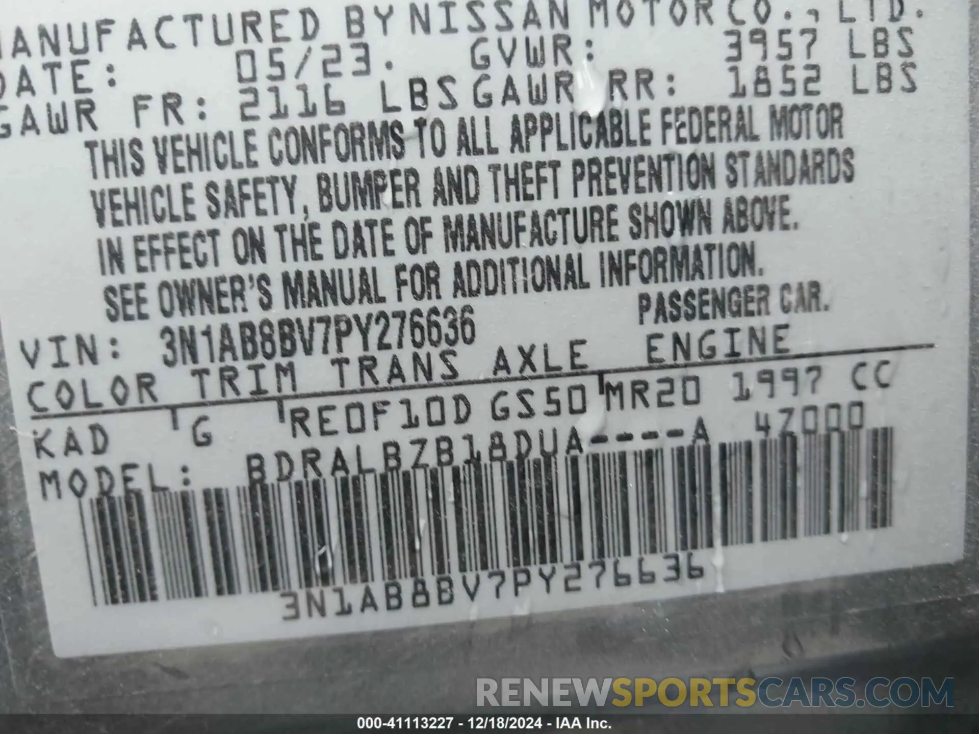 9 fotografías del automóvil dañado 3N1AB8BV7PY276636 NISSAN SENTRA 2023