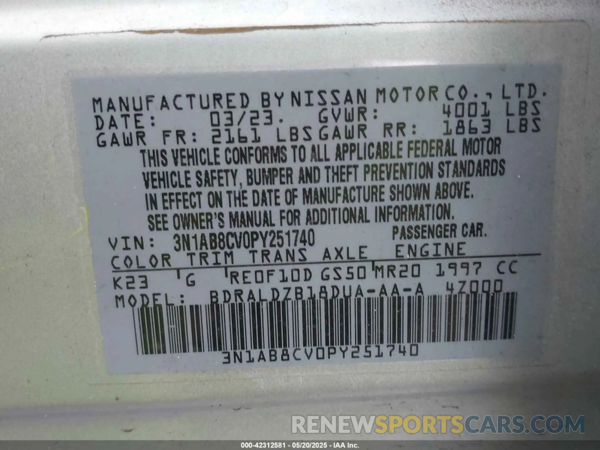 9 fotografías del automóvil dañado 3N1AB8CV0PY251740 NISSAN SENTRA 2023