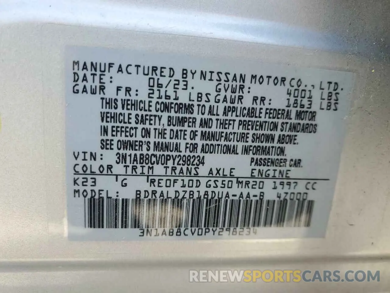 12 fotografías del automóvil dañado 3N1AB8CV0PY298234 NISSAN SENTRA 2023