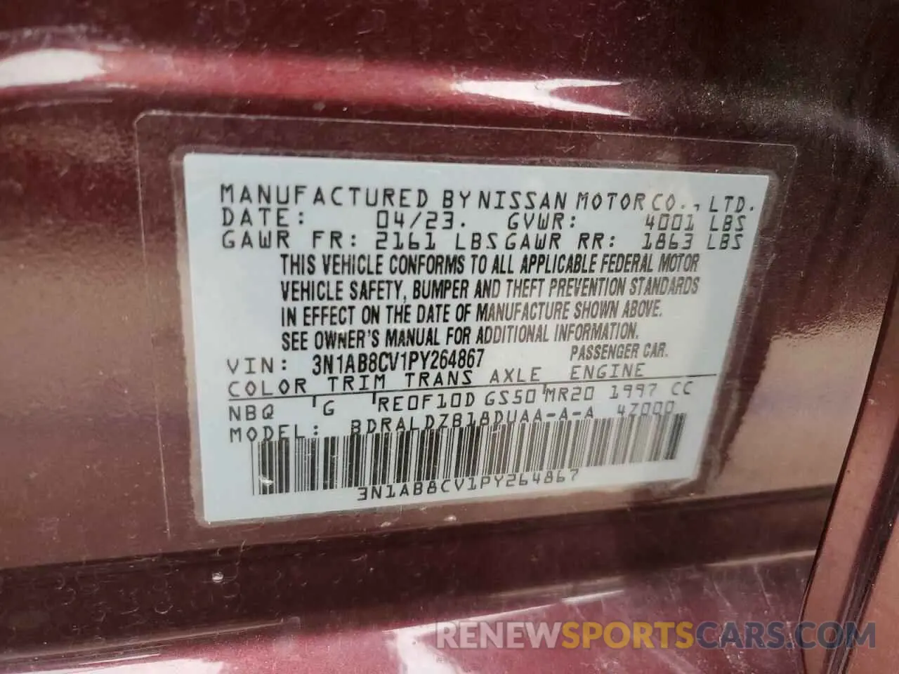 12 fotografías del automóvil dañado 3N1AB8CV1PY264867 NISSAN SENTRA 2023