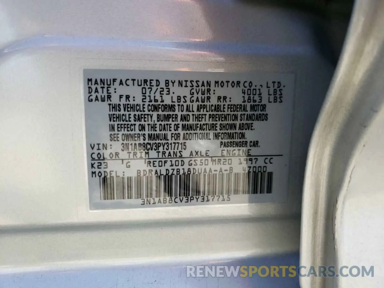 12 fotografías del automóvil dañado 3N1AB8CV3PY317715 NISSAN SENTRA 2023