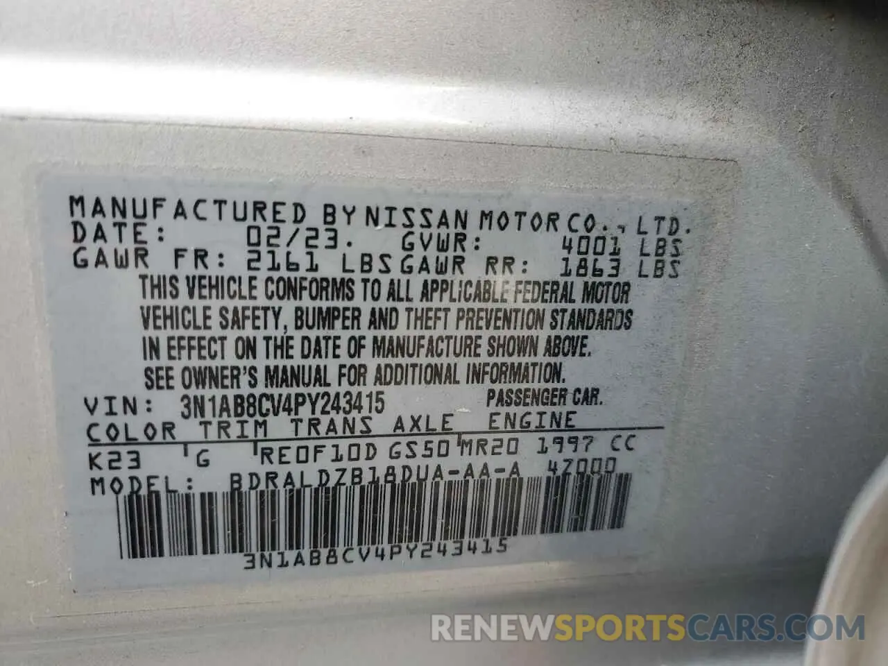 12 fotografías del automóvil dañado 3N1AB8CV4PY243415 NISSAN SENTRA 2023