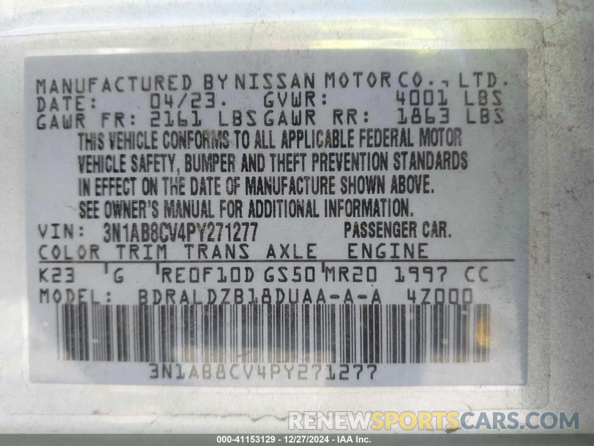 9 fotografías del automóvil dañado 3N1AB8CV4PY271277 NISSAN SENTRA 2023
