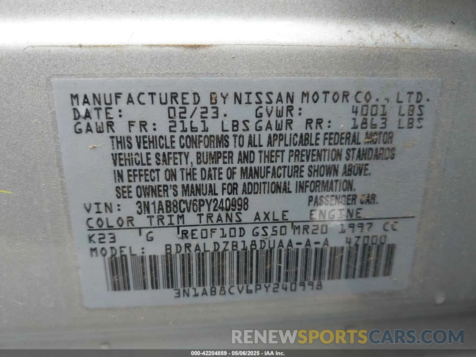 9 fotografías del automóvil dañado 3N1AB8CV6PY240998 NISSAN SENTRA 2023