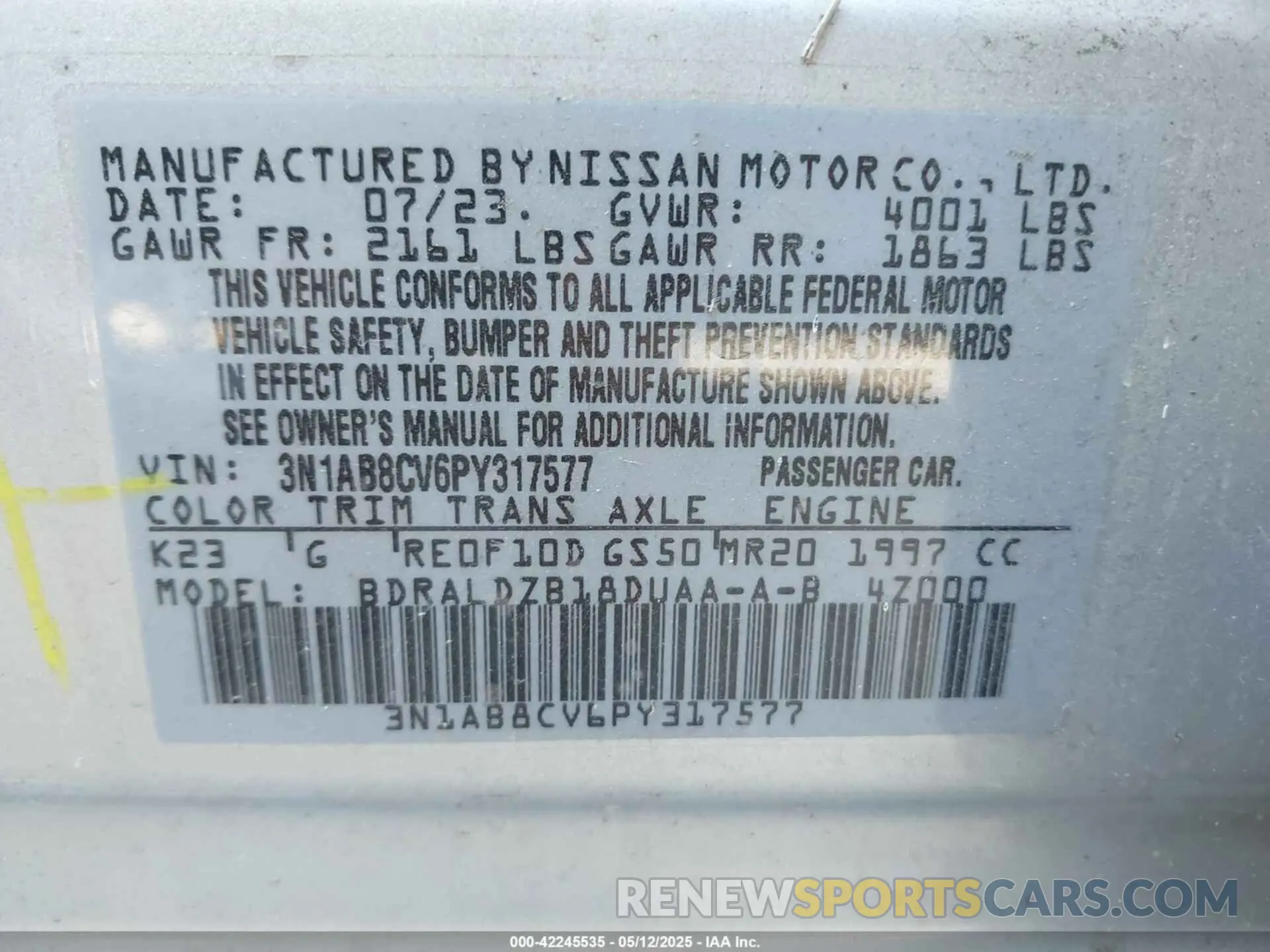 9 fotografías del automóvil dañado 3N1AB8CV6PY317577 NISSAN SENTRA 2023
