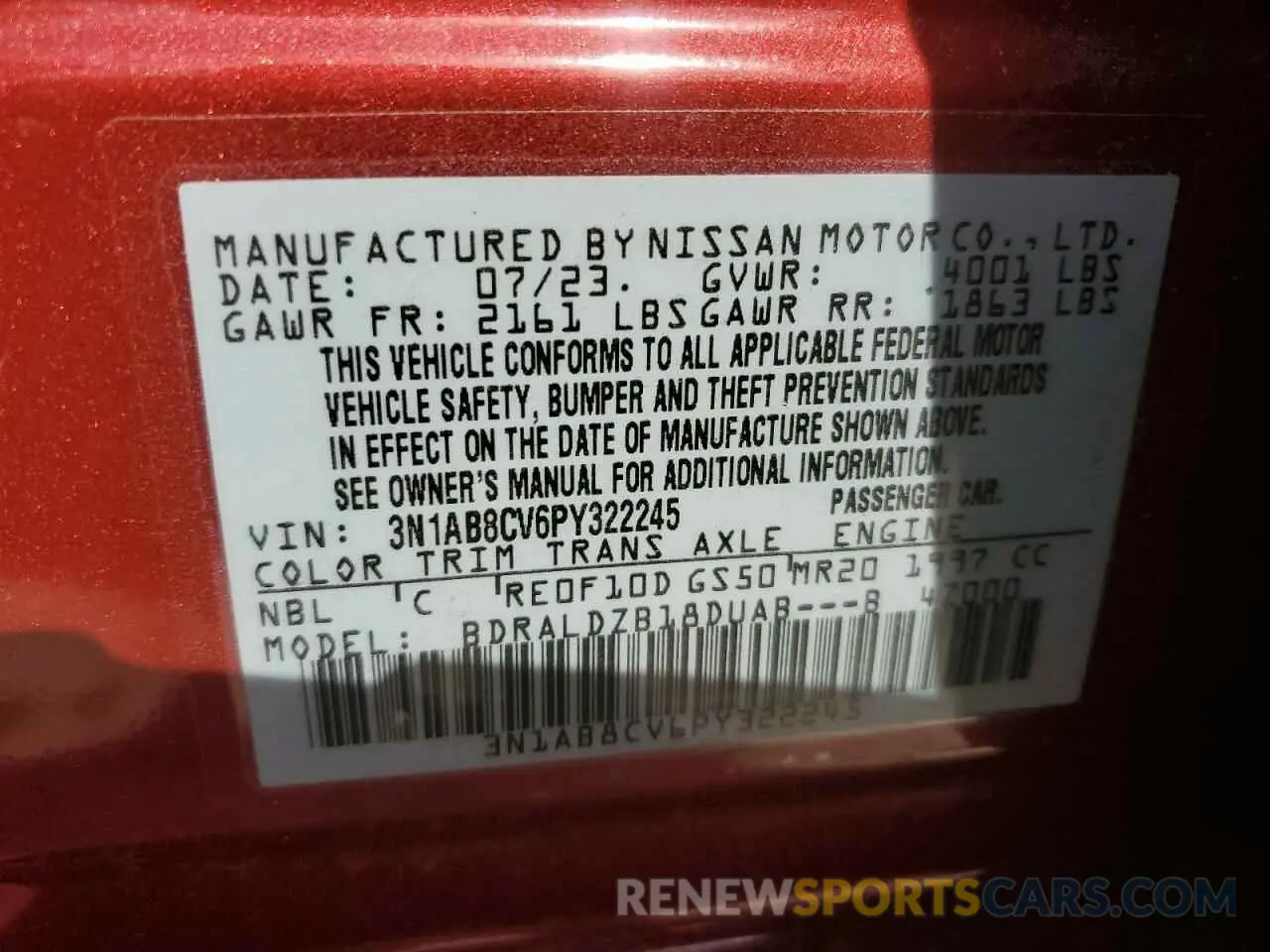 15 fotografías del automóvil dañado 3N1AB8CV6PY322245 NISSAN SENTRA 2023