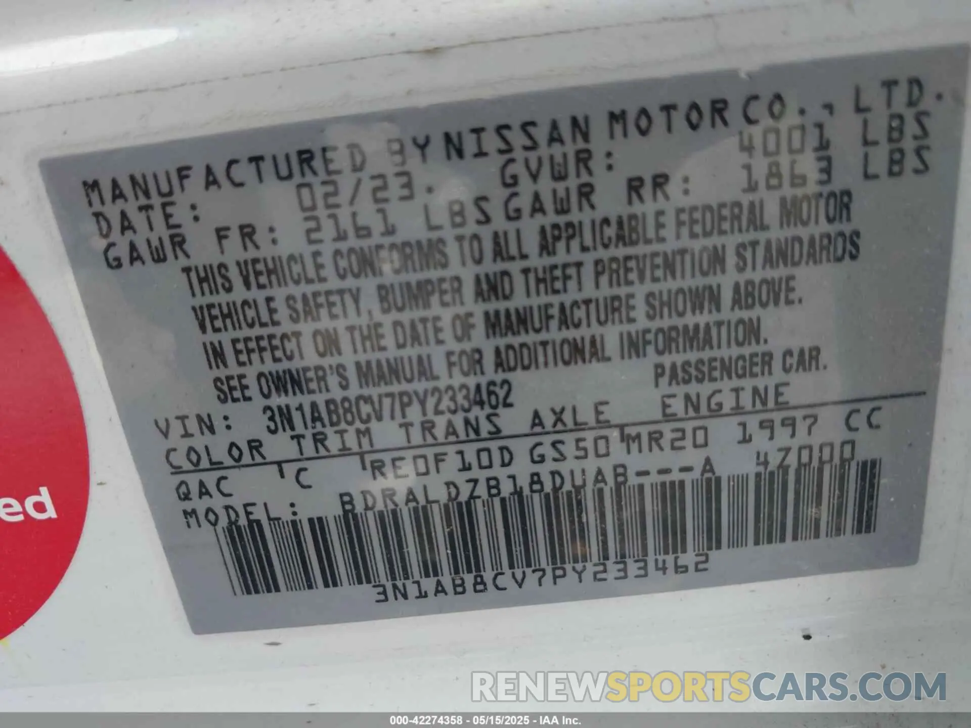 9 fotografías del automóvil dañado 3N1AB8CV7PY233462 NISSAN SENTRA 2023