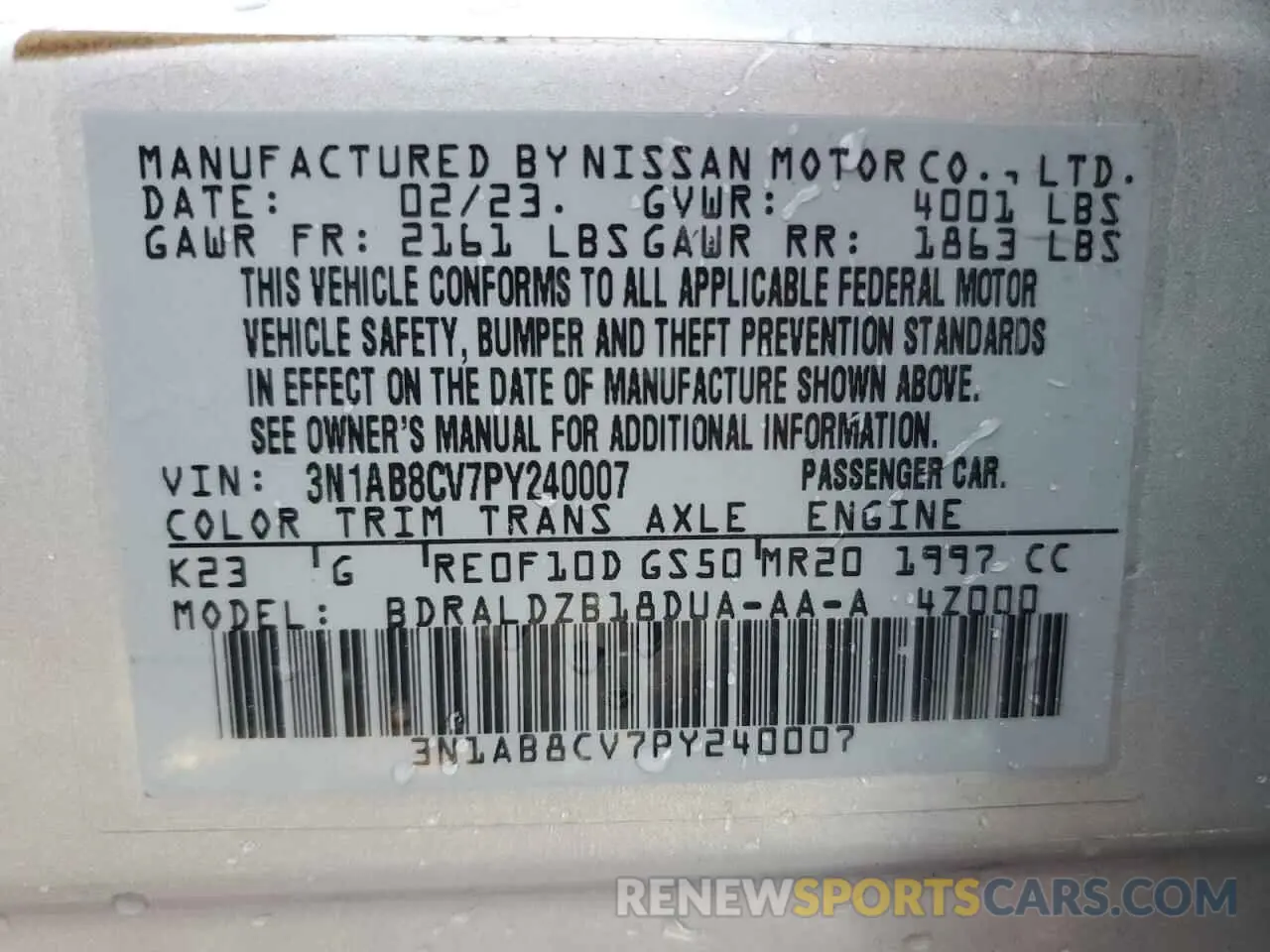 12 fotografías del automóvil dañado 3N1AB8CV7PY240007 NISSAN SENTRA 2023
