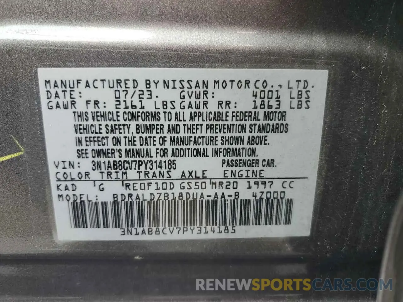 12 fotografías del automóvil dañado 3N1AB8CV7PY314185 NISSAN SENTRA 2023