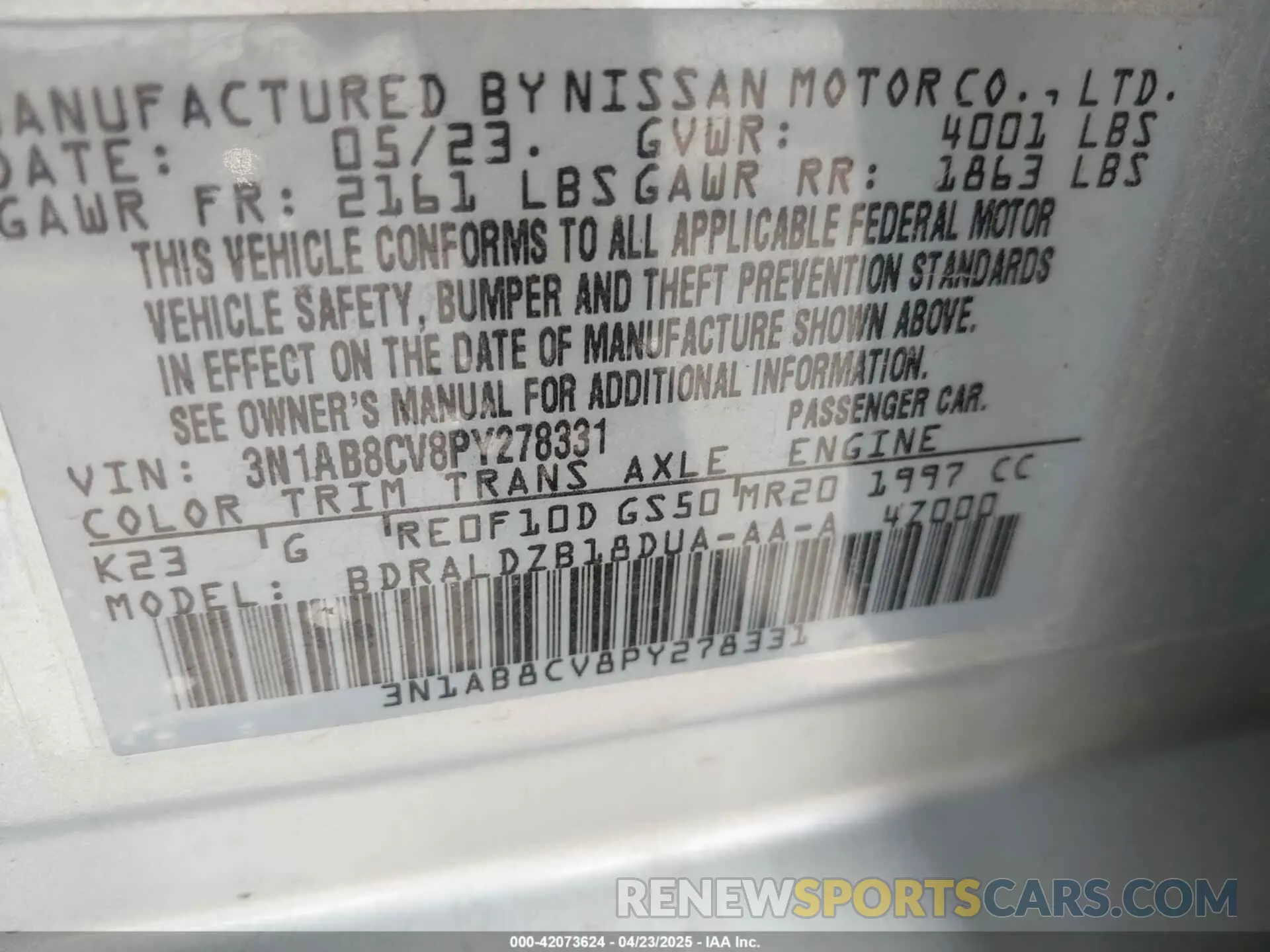 9 fotografías del automóvil dañado 3N1AB8CV8PY278331 NISSAN SENTRA 2023