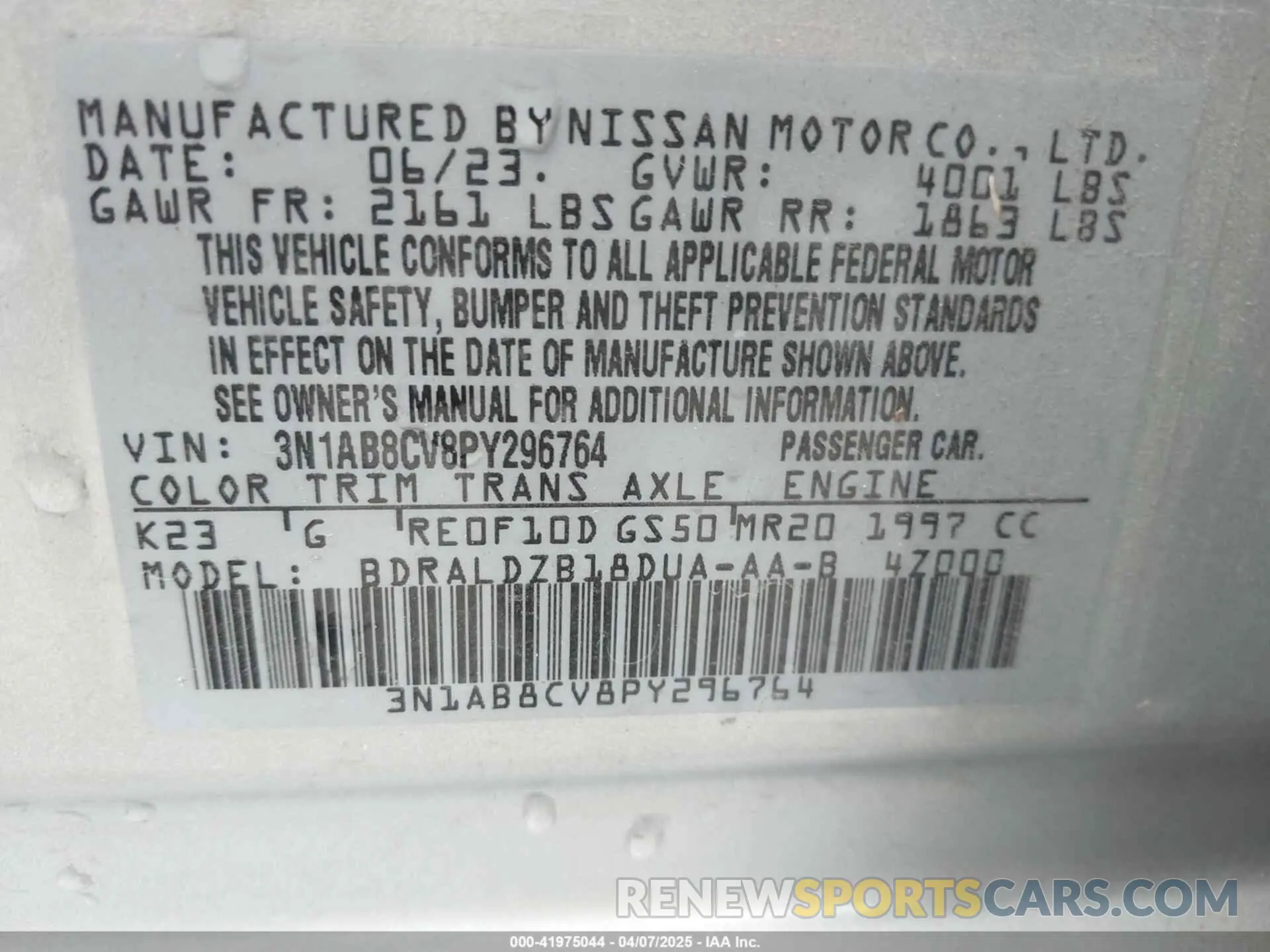 9 fotografías del automóvil dañado 3N1AB8CV8PY296764 NISSAN SENTRA 2023