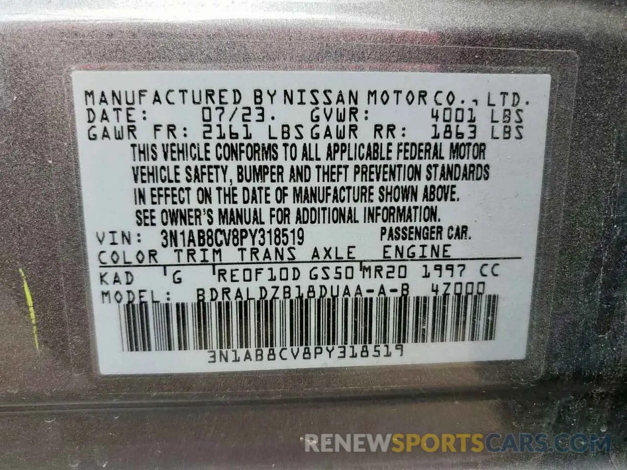 12 fotografías del automóvil dañado 3N1AB8CV8PY318519 NISSAN SENTRA 2023