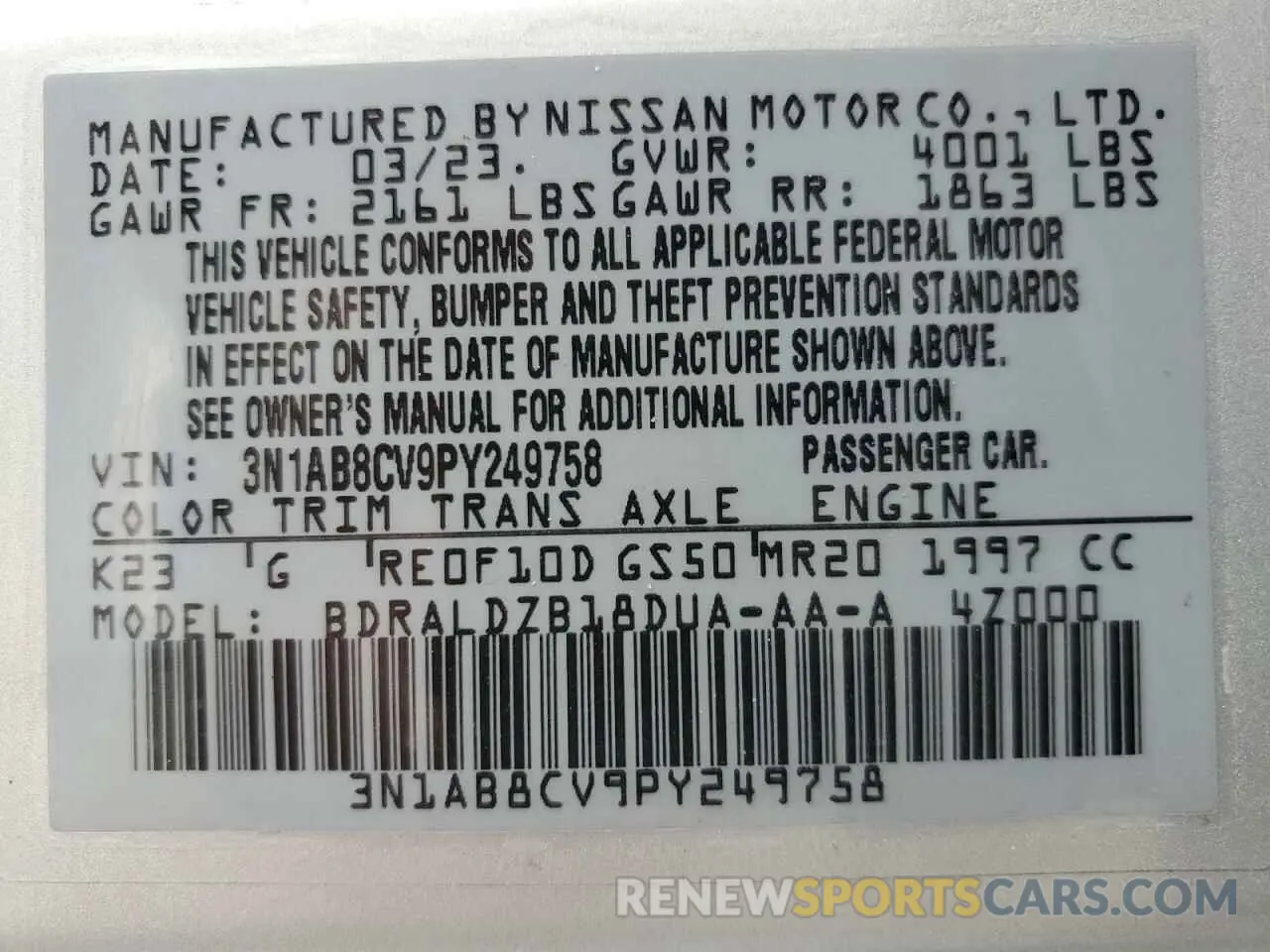 14 fotografías del automóvil dañado 3N1AB8CV9PY249758 NISSAN SENTRA 2023