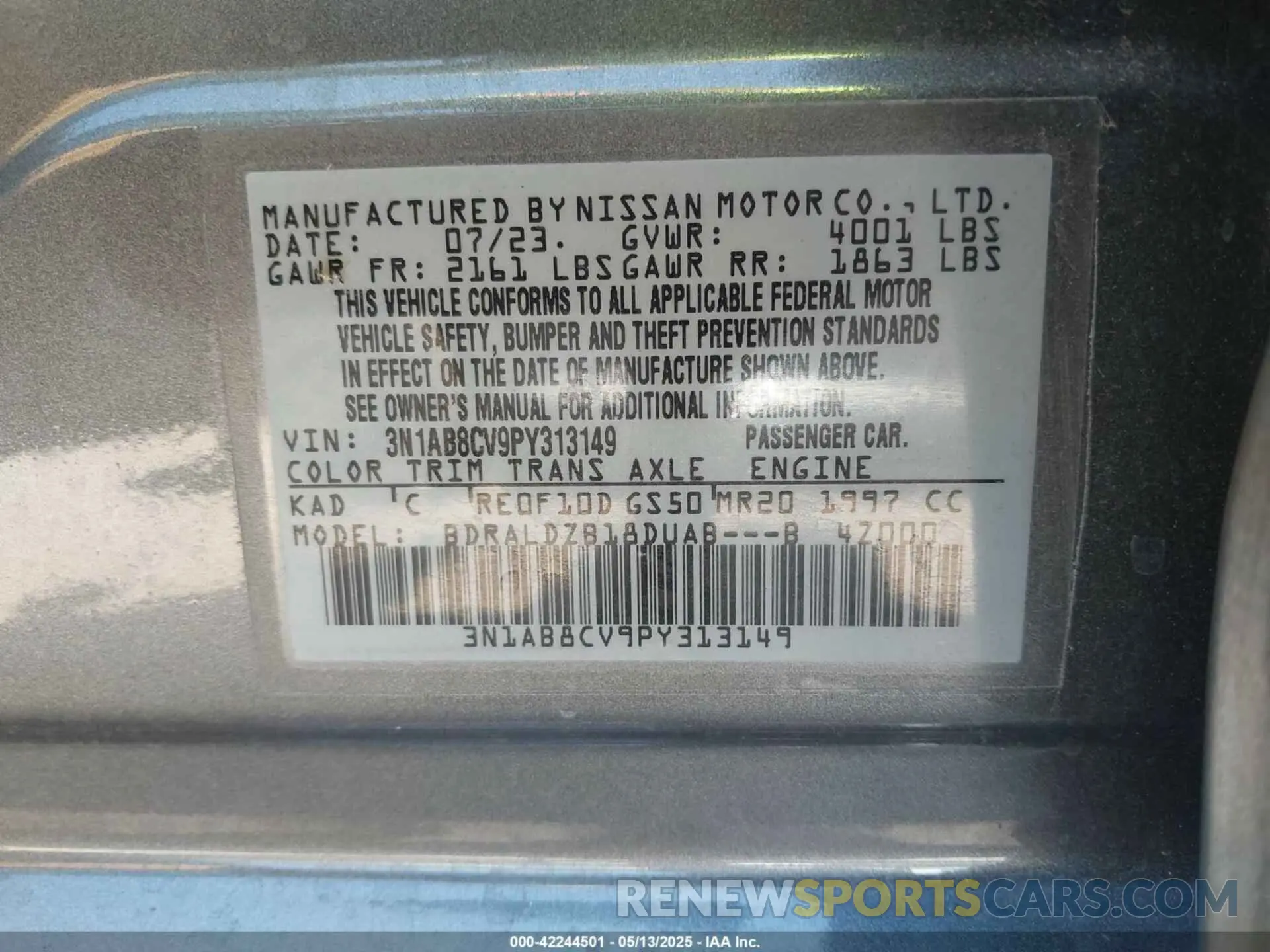9 fotografías del automóvil dañado 3N1AB8CV9PY313149 NISSAN SENTRA 2023