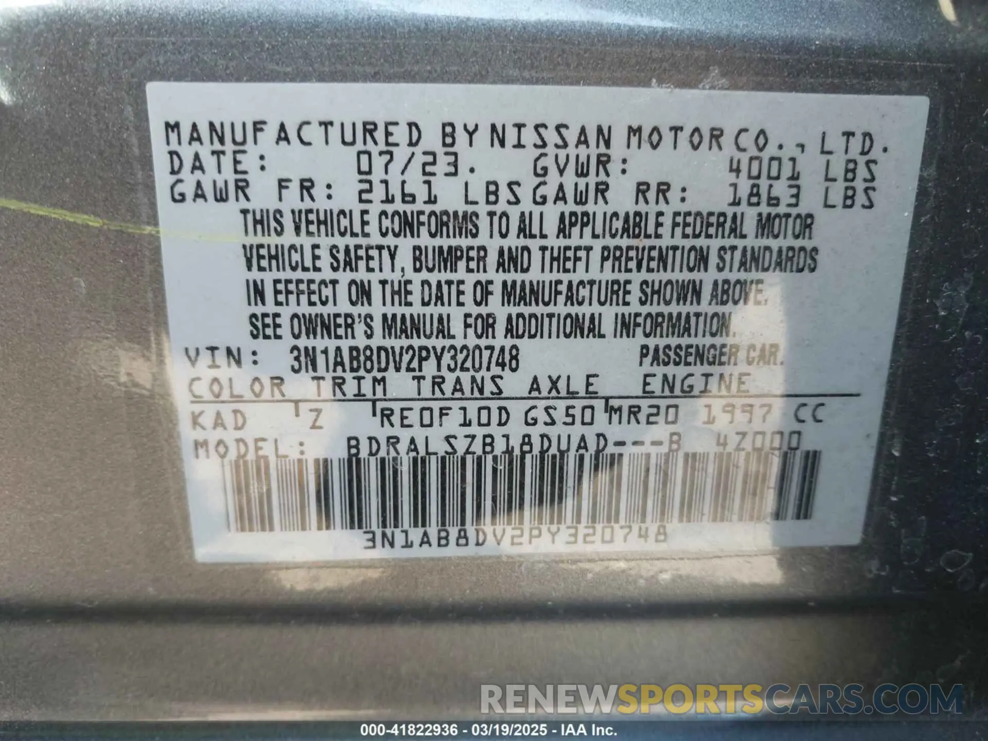 9 fotografías del automóvil dañado 3N1AB8DV2PY320748 NISSAN SENTRA 2023