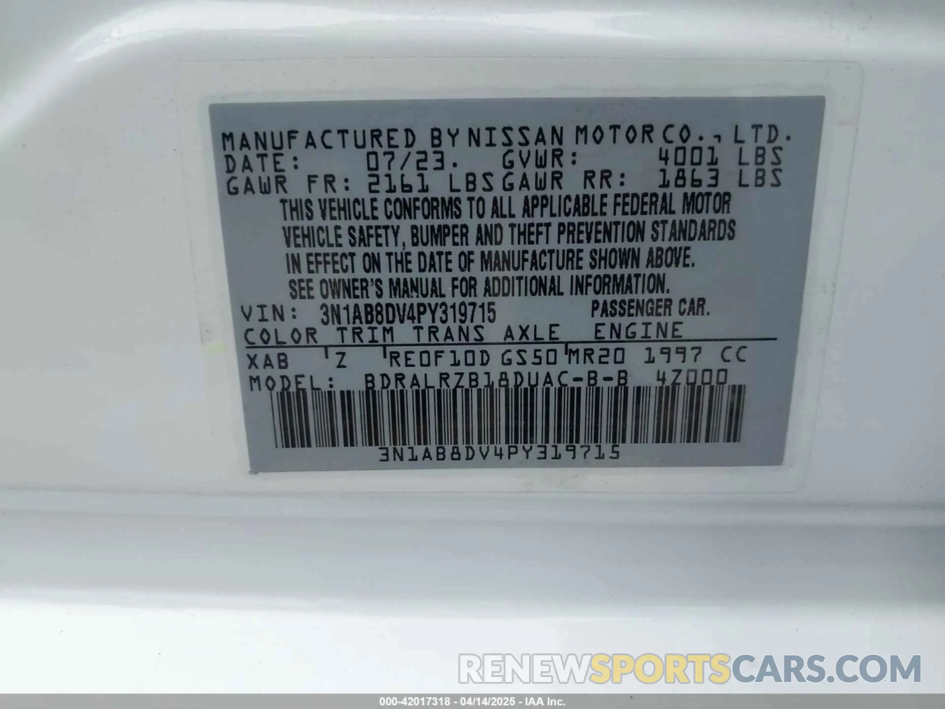 9 fotografías del automóvil dañado 3N1AB8DV4PY319715 NISSAN SENTRA 2023