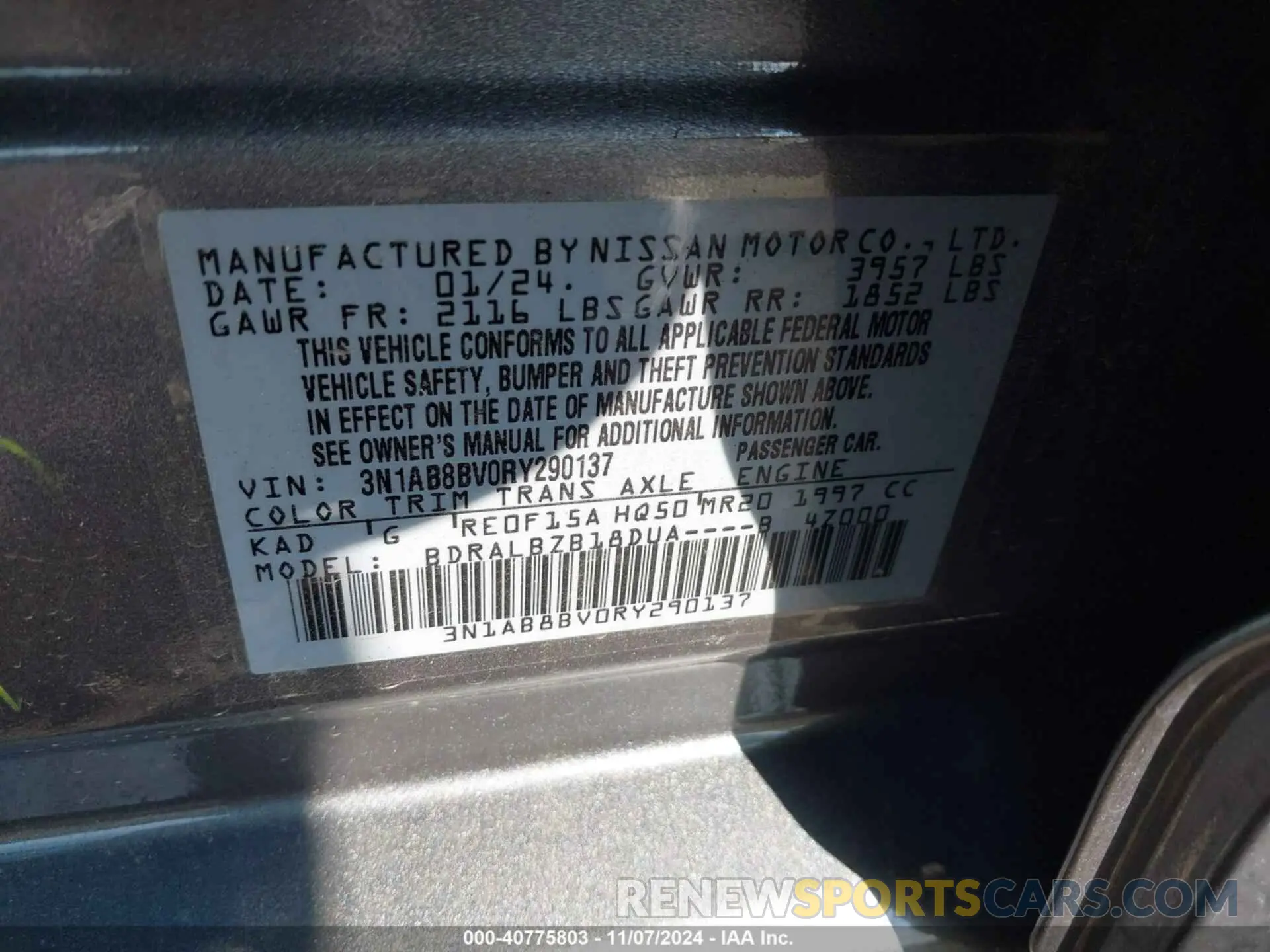 9 fotografías del automóvil dañado 3N1AB8BV0RY290137 NISSAN SENTRA 2024