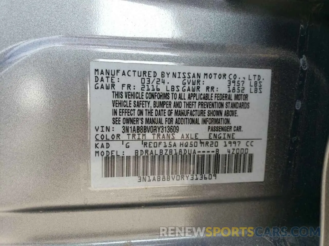 12 fotografías del automóvil dañado 3N1AB8BV0RY313609 NISSAN SENTRA 2024
