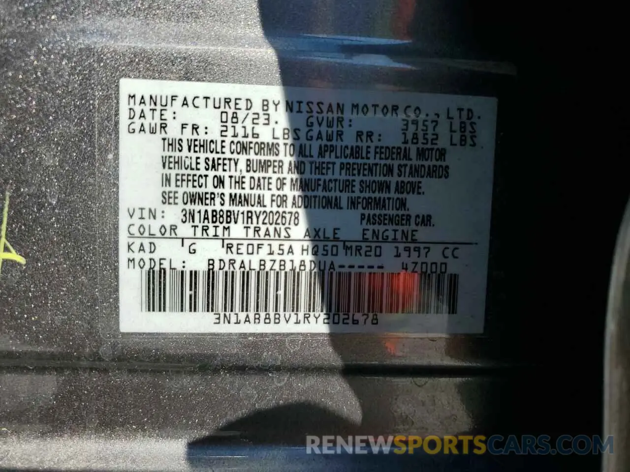 13 fotografías del automóvil dañado 3N1AB8BV1RY202678 NISSAN SENTRA 2024