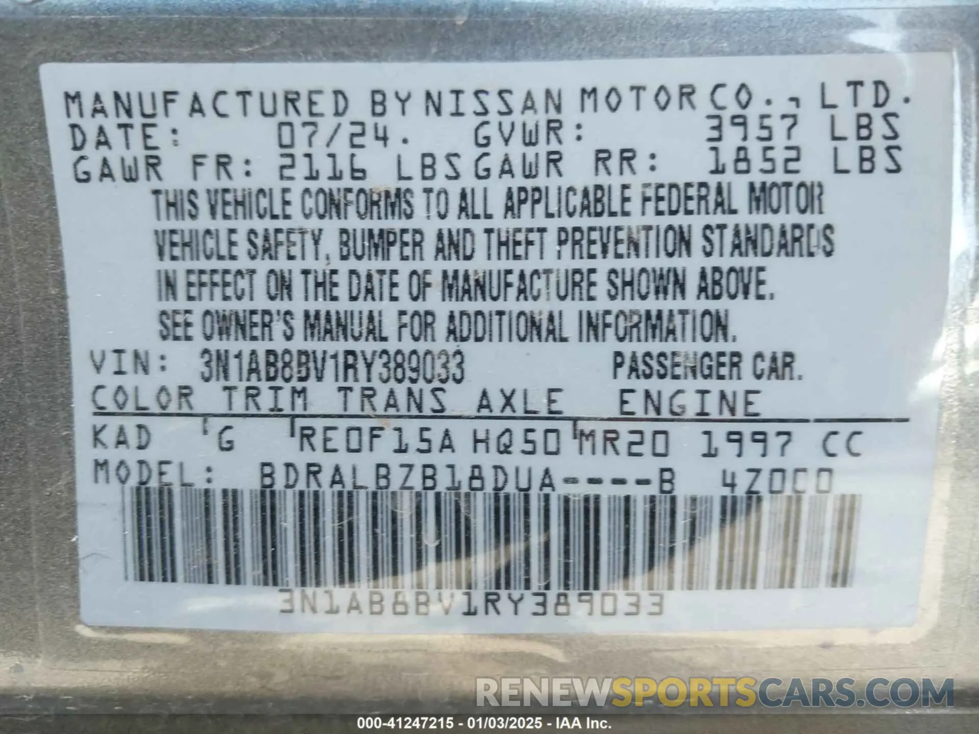 9 fotografías del automóvil dañado 3N1AB8BV1RY389033 NISSAN SENTRA 2024