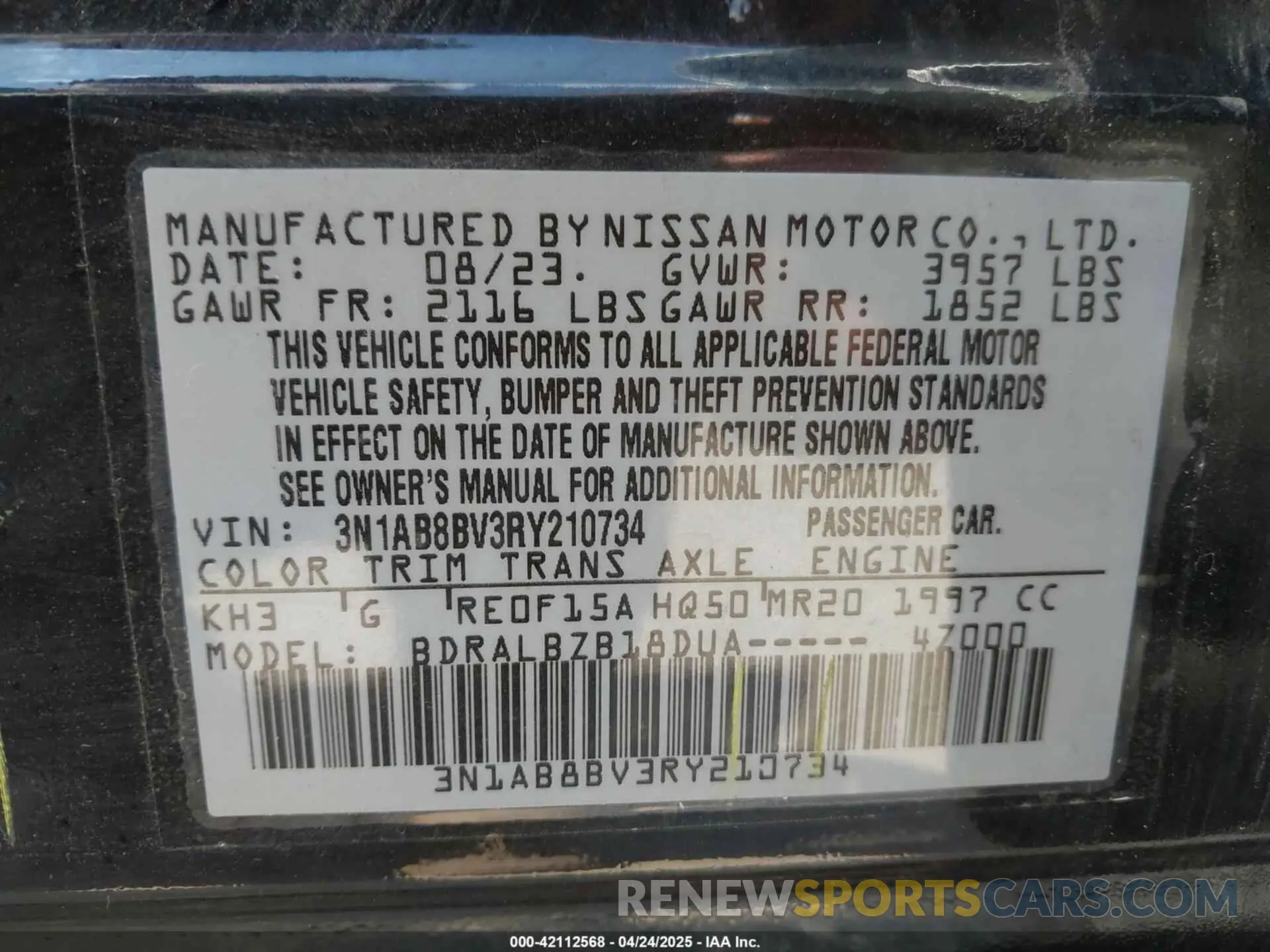 9 fotografías del automóvil dañado 3N1AB8BV3RY210734 NISSAN SENTRA 2024