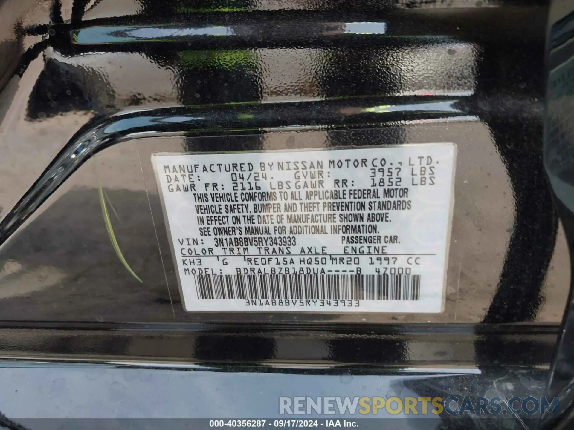 9 fotografías del automóvil dañado 3N1AB8BV5RY343933 NISSAN SENTRA 2024