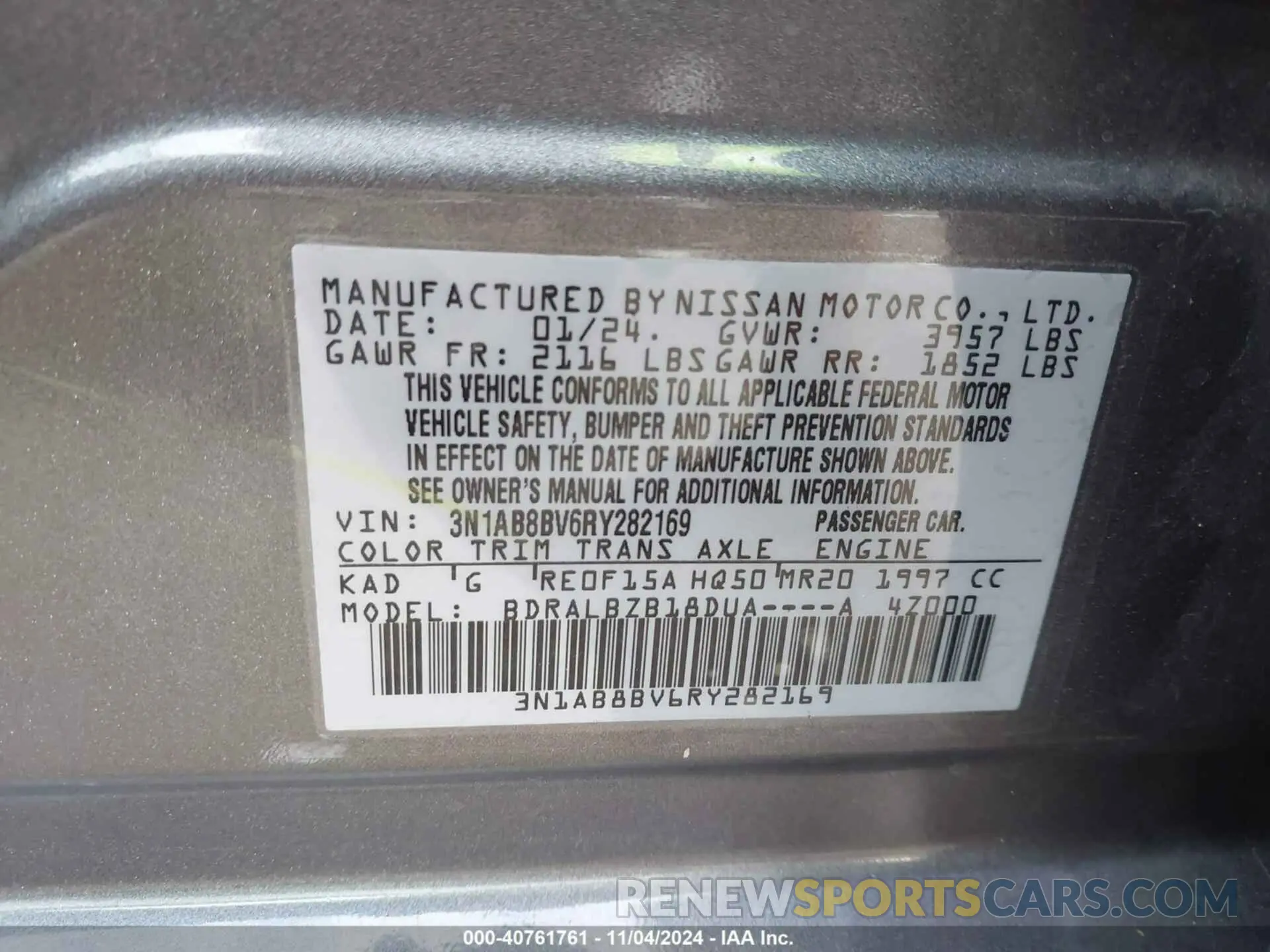 9 fotografías del automóvil dañado 3N1AB8BV6RY282169 NISSAN SENTRA 2024