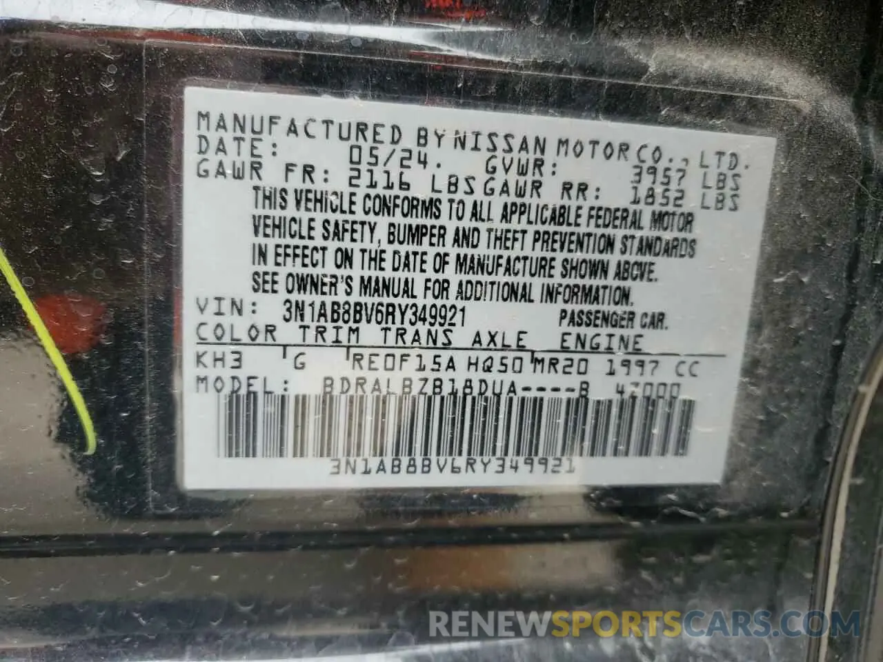 12 fotografías del automóvil dañado 3N1AB8BV6RY349921 NISSAN SENTRA 2024