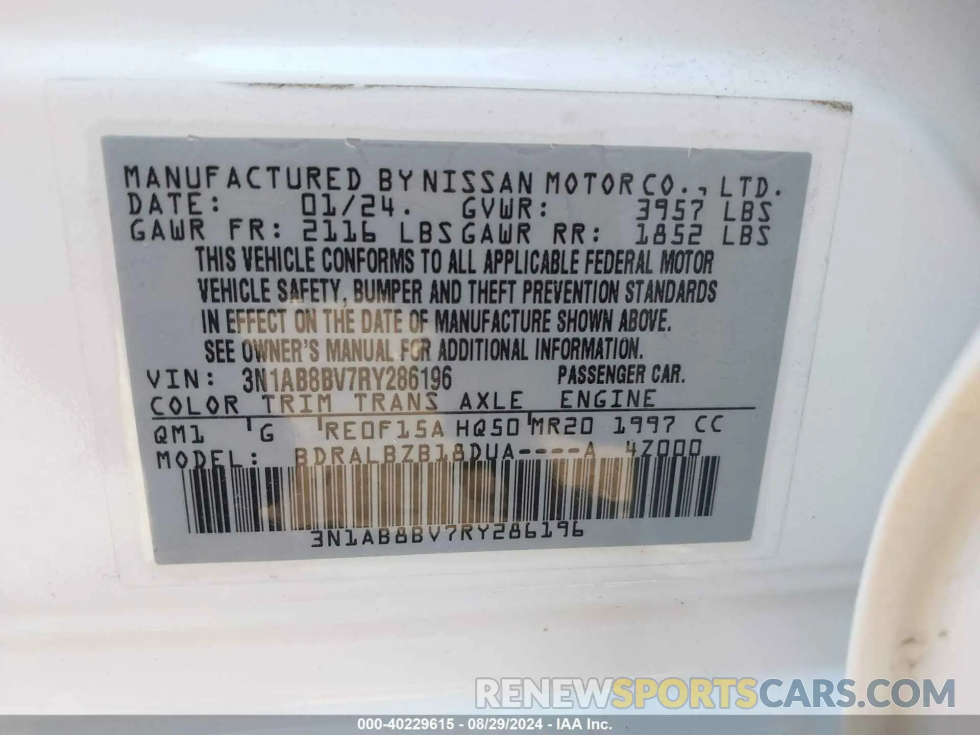 9 fotografías del automóvil dañado 3N1AB8BV7RY286196 NISSAN SENTRA 2024