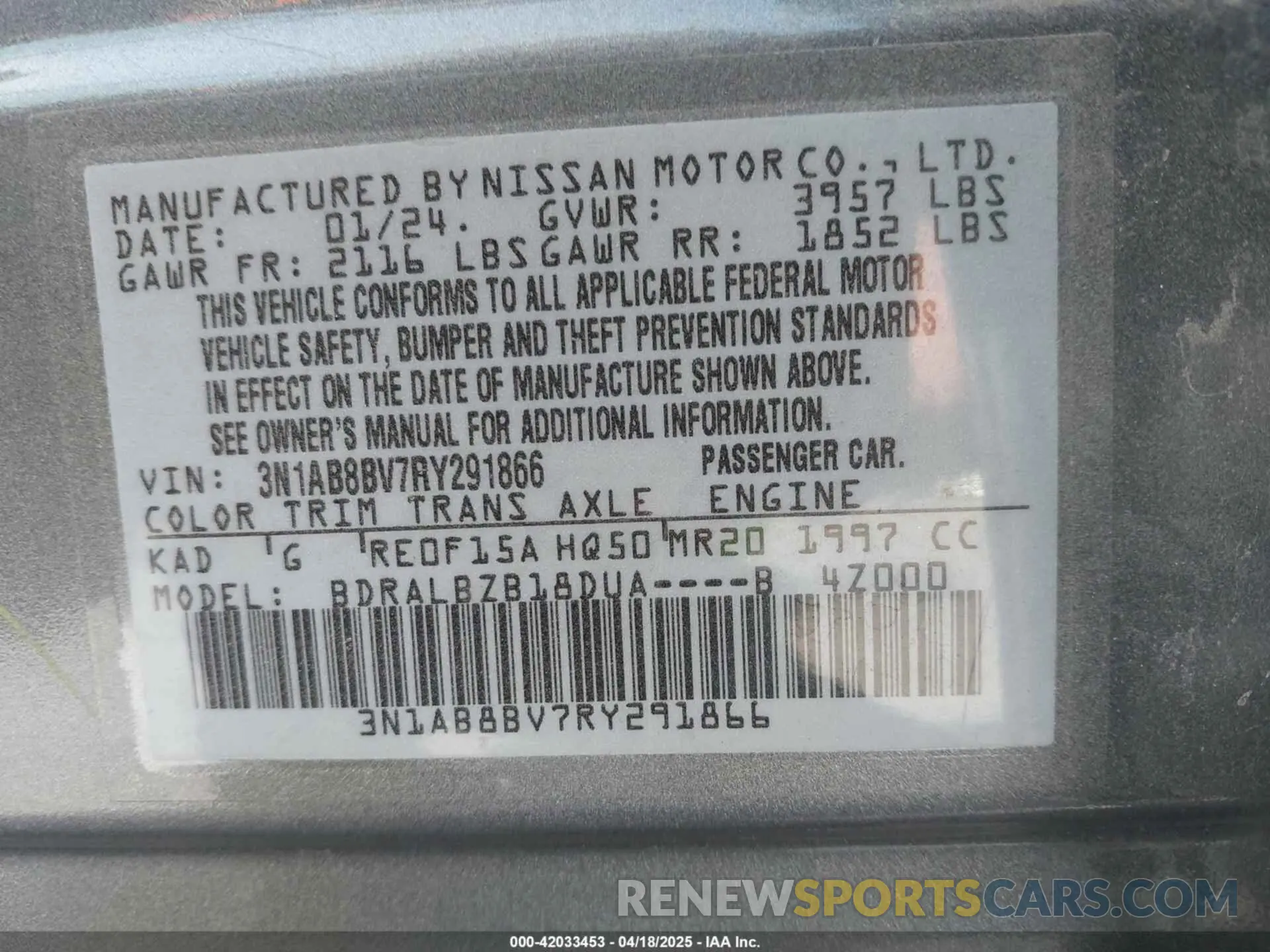 9 fotografías del automóvil dañado 3N1AB8BV7RY291866 NISSAN SENTRA 2024