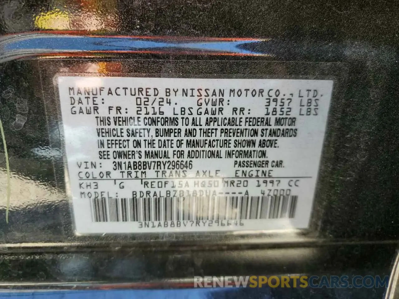 14 fotografías del automóvil dañado 3N1AB8BV7RY296646 NISSAN SENTRA 2024