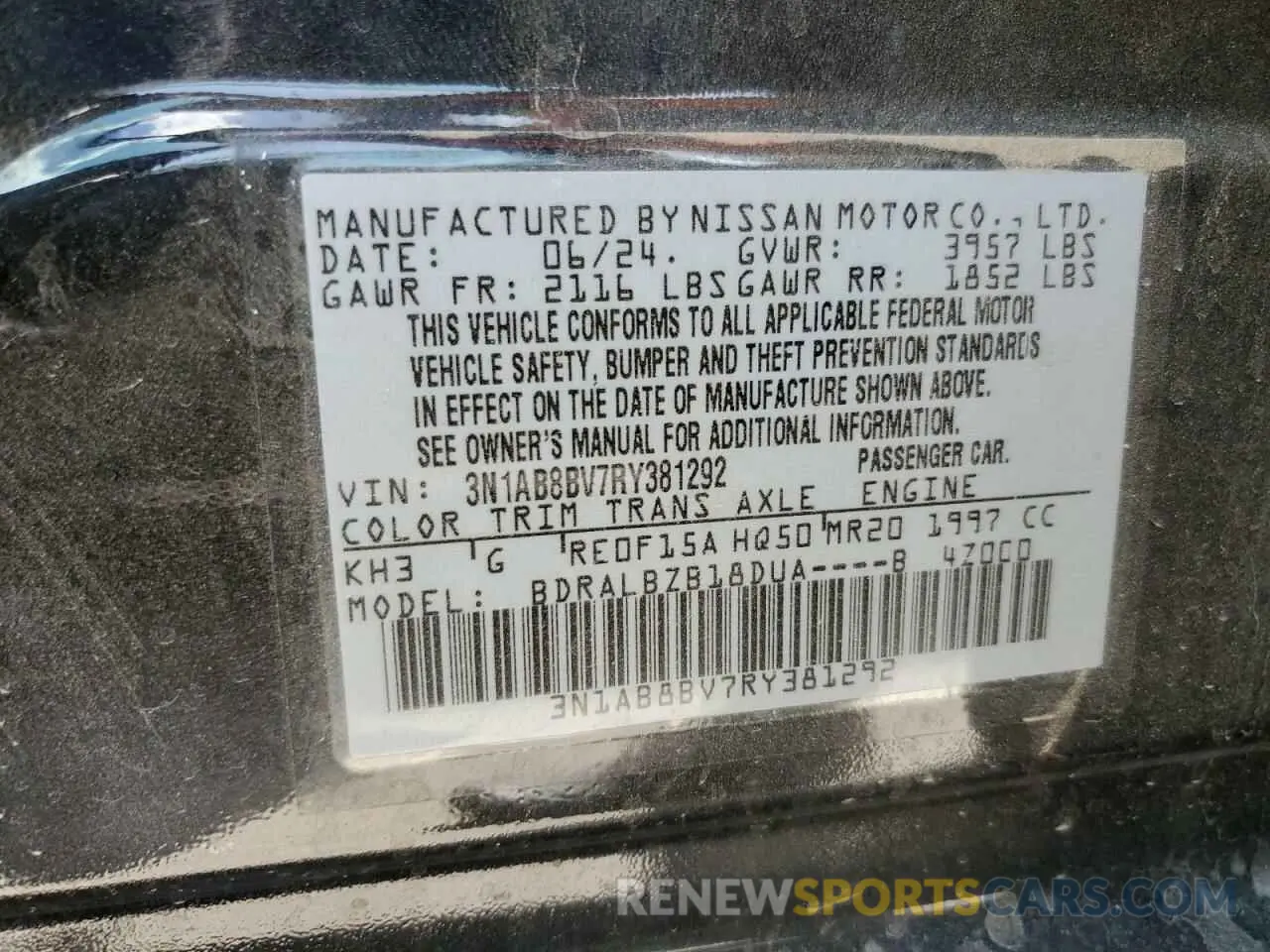14 fotografías del automóvil dañado 3N1AB8BV7RY381292 NISSAN SENTRA 2024