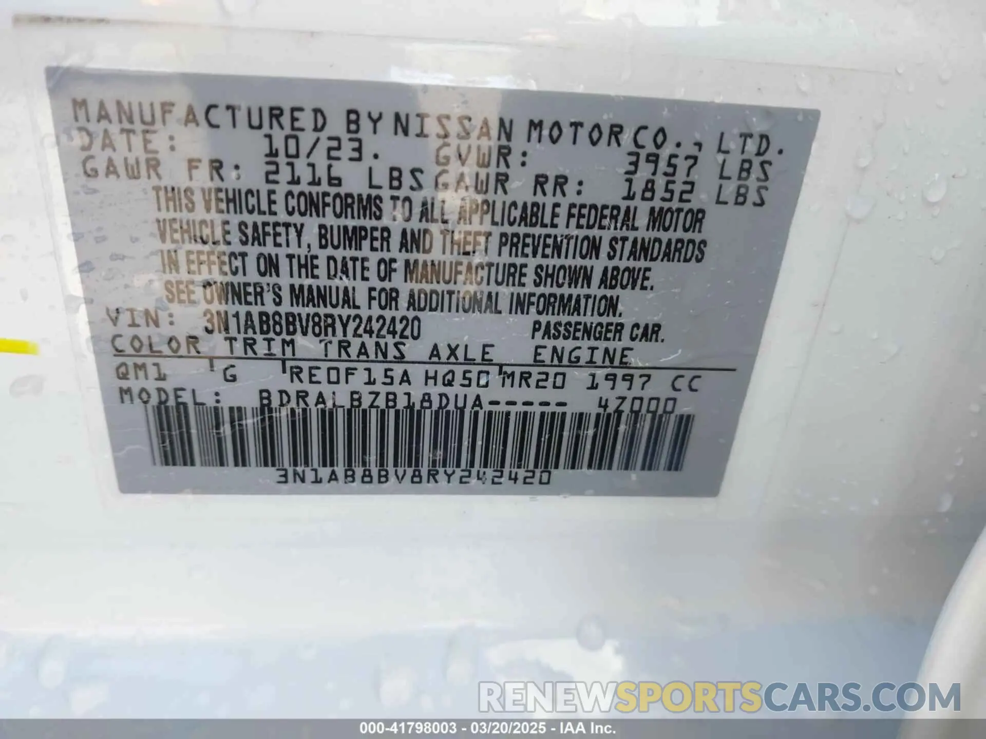 9 fotografías del automóvil dañado 3N1AB8BV8RY242420 NISSAN SENTRA 2024