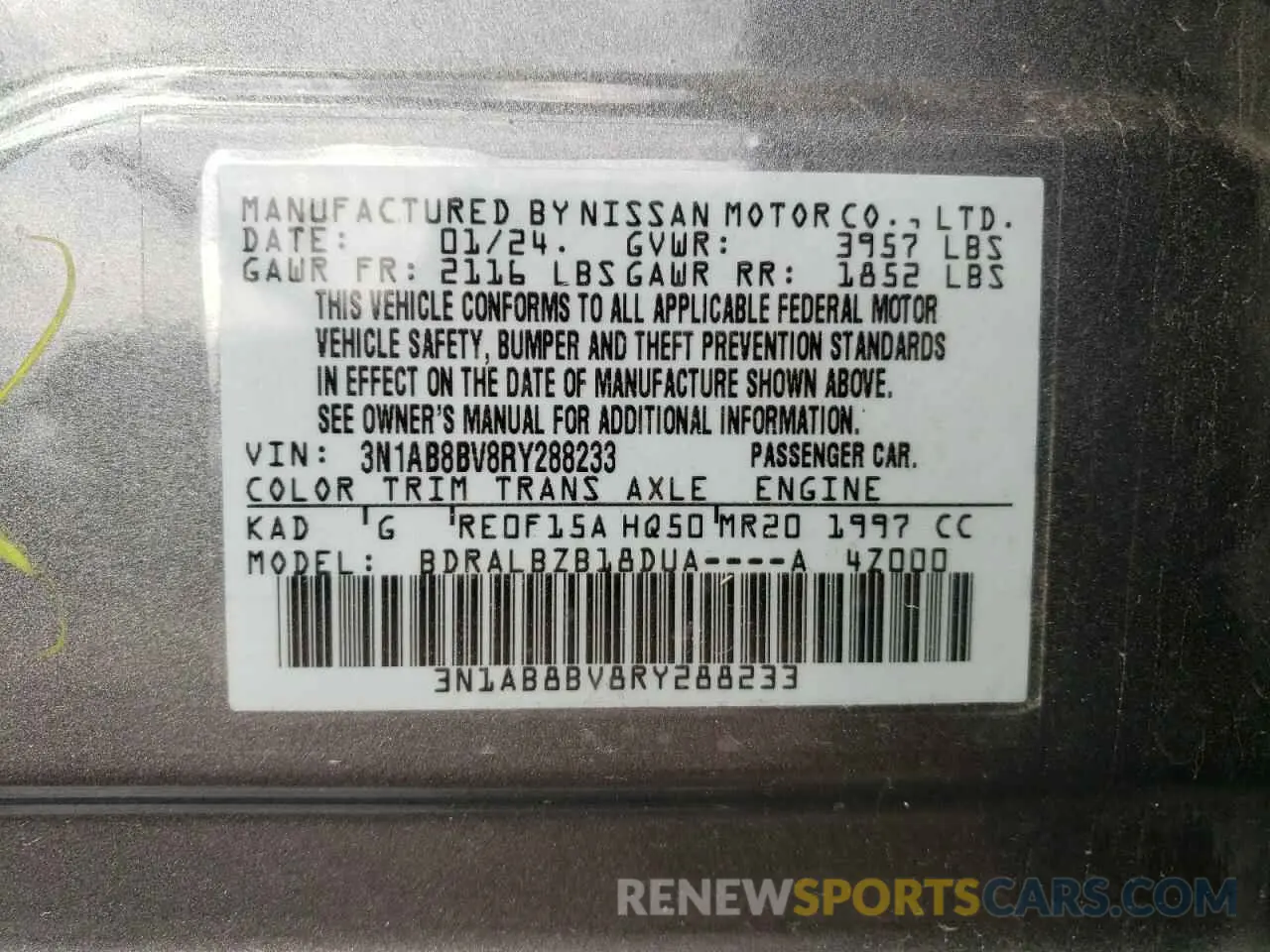 13 fotografías del automóvil dañado 3N1AB8BV8RY288233 NISSAN SENTRA 2024