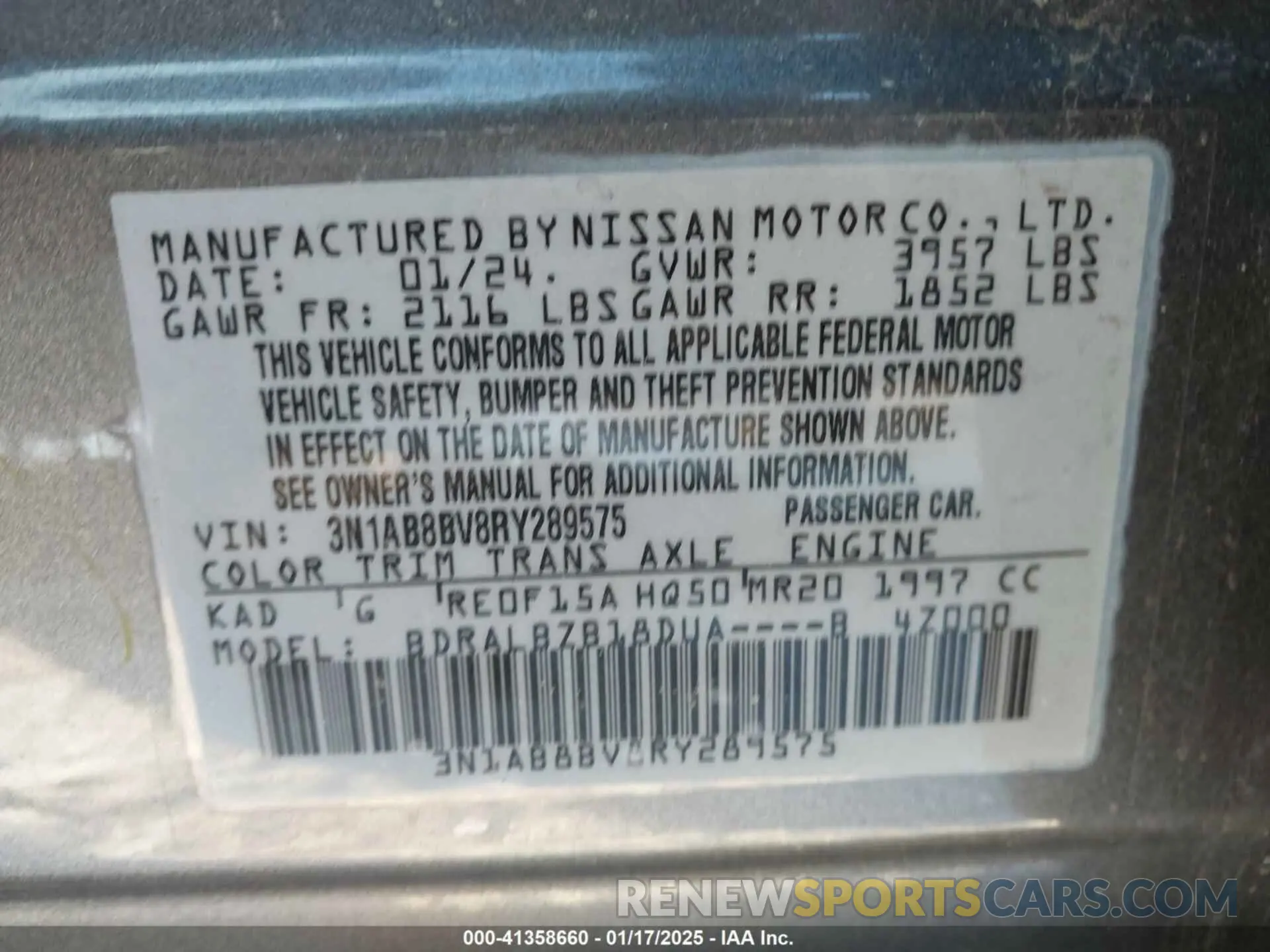 9 fotografías del automóvil dañado 3N1AB8BV8RY289575 NISSAN SENTRA 2024