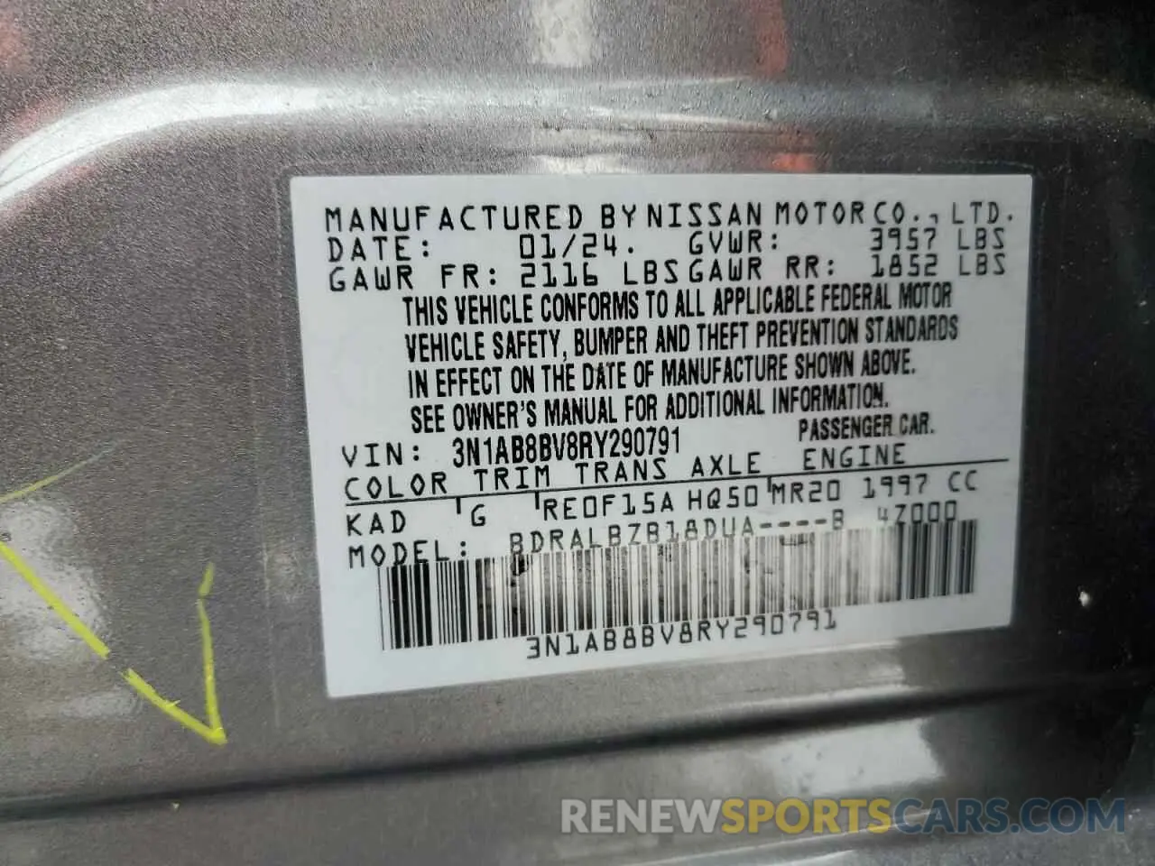 12 fotografías del automóvil dañado 3N1AB8BV8RY290791 NISSAN SENTRA 2024