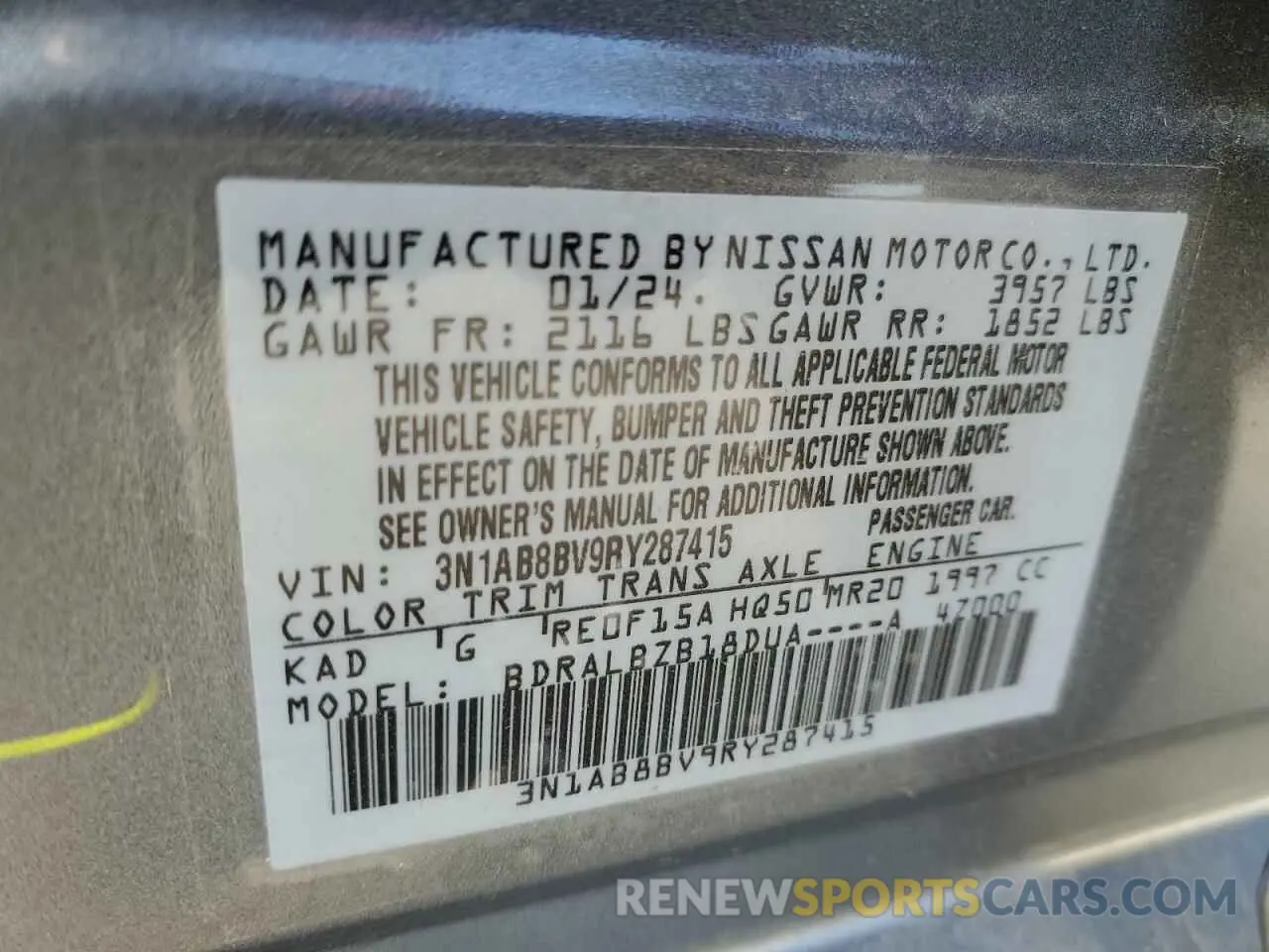 12 fotografías del automóvil dañado 3N1AB8BV9RY287415 NISSAN SENTRA 2024