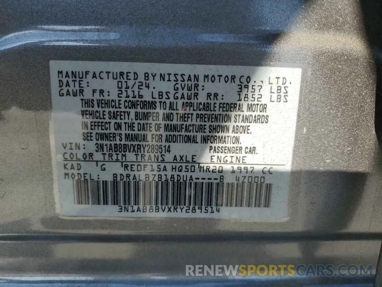 12 fotografías del automóvil dañado 3N1AB8BVXRY289514 NISSAN SENTRA 2024