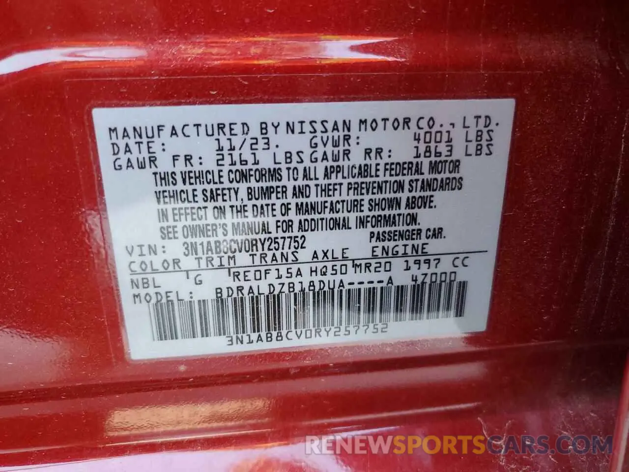 12 fotografías del automóvil dañado 3N1AB8CV0RY257752 NISSAN SENTRA 2024