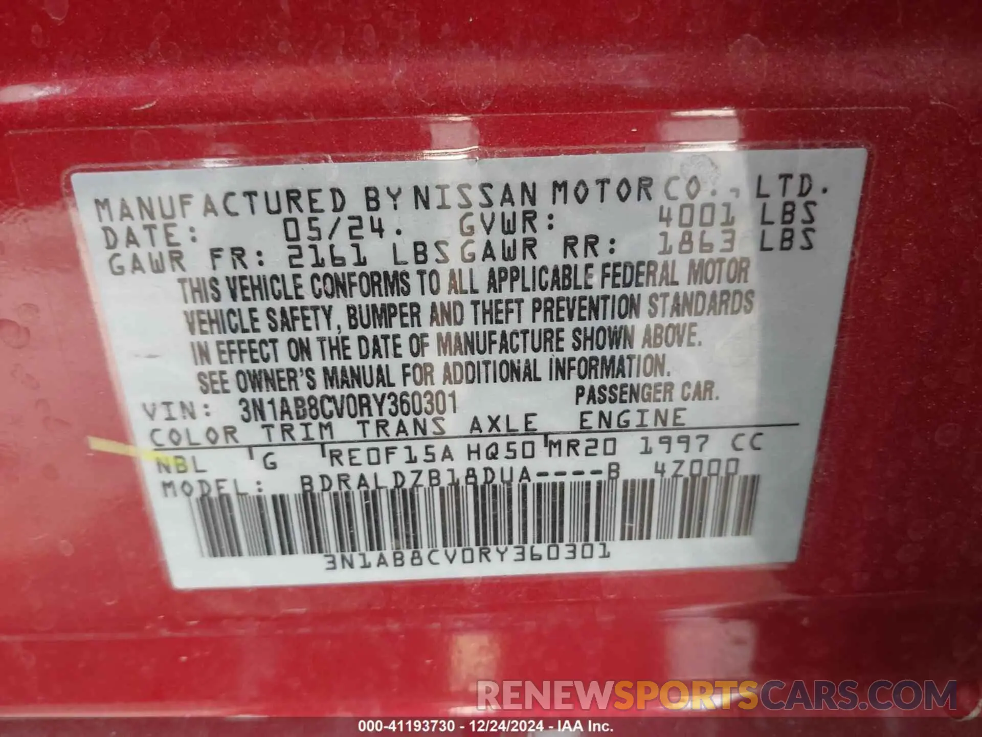 9 fotografías del automóvil dañado 3N1AB8CV0RY360301 NISSAN SENTRA 2024