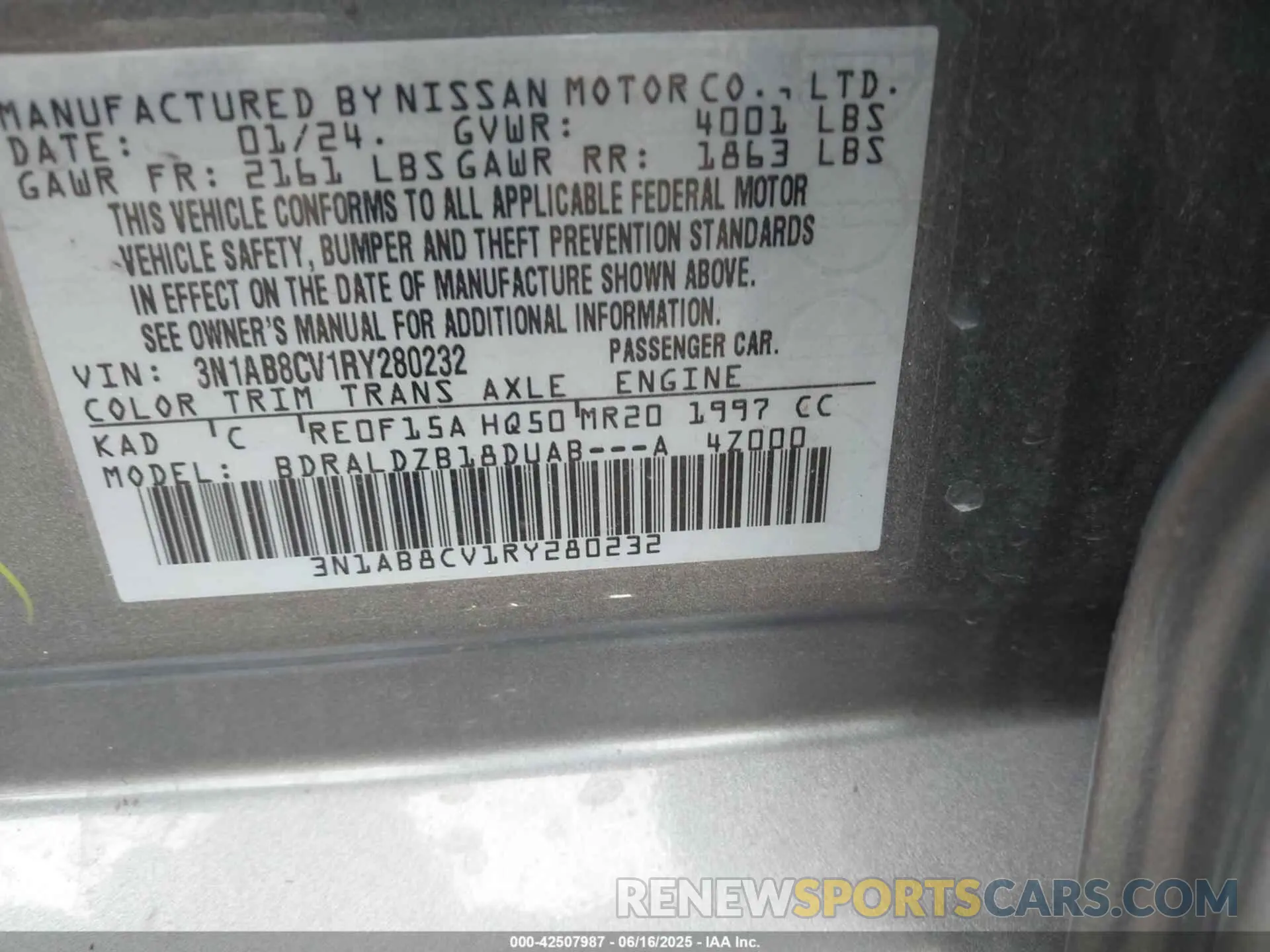 9 fotografías del automóvil dañado 3N1AB8CV1RY280232 NISSAN SENTRA 2024
