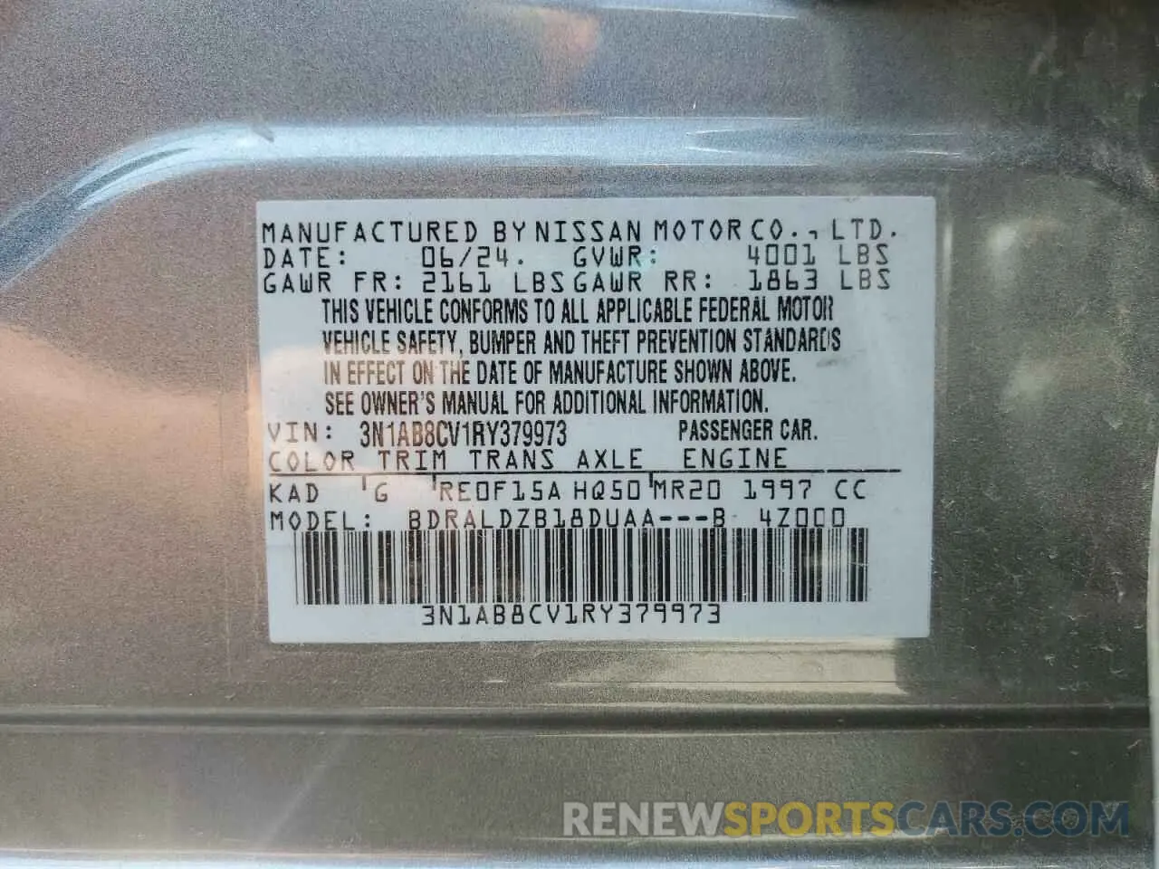 12 fotografías del automóvil dañado 3N1AB8CV1RY379973 NISSAN SENTRA 2024