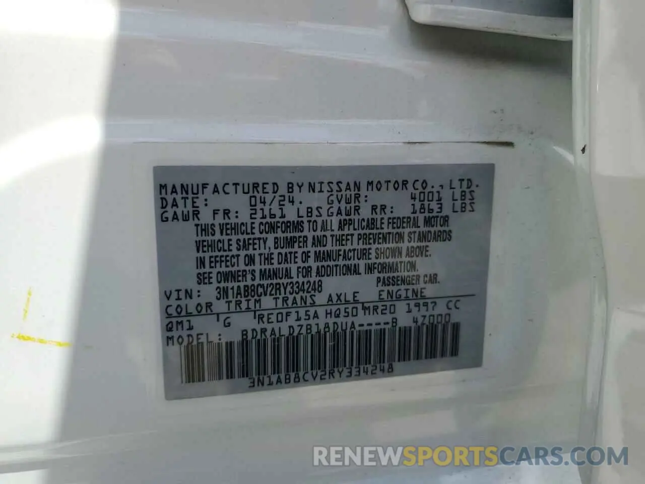 12 fotografías del automóvil dañado 3N1AB8CV2RY334248 NISSAN SENTRA 2024