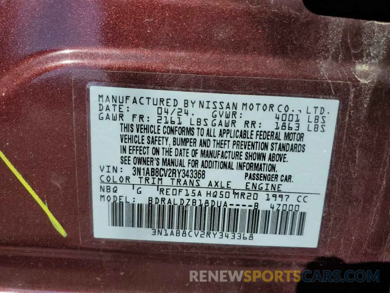 12 fotografías del automóvil dañado 3N1AB8CV2RY343368 NISSAN SENTRA 2024