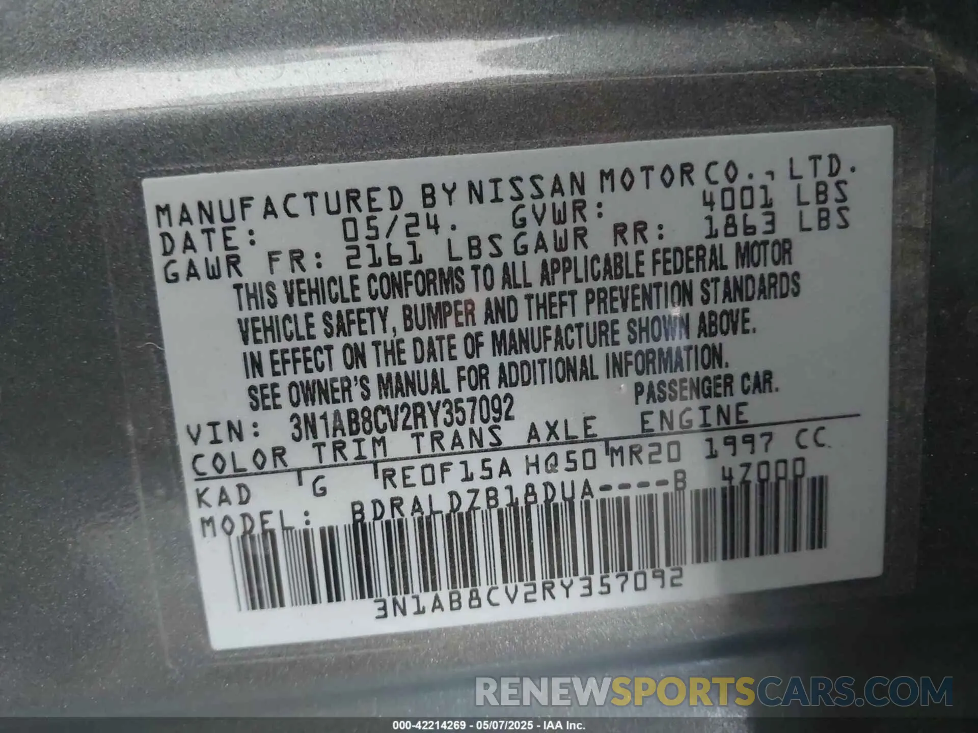 9 fotografías del automóvil dañado 3N1AB8CV2RY357092 NISSAN SENTRA 2024