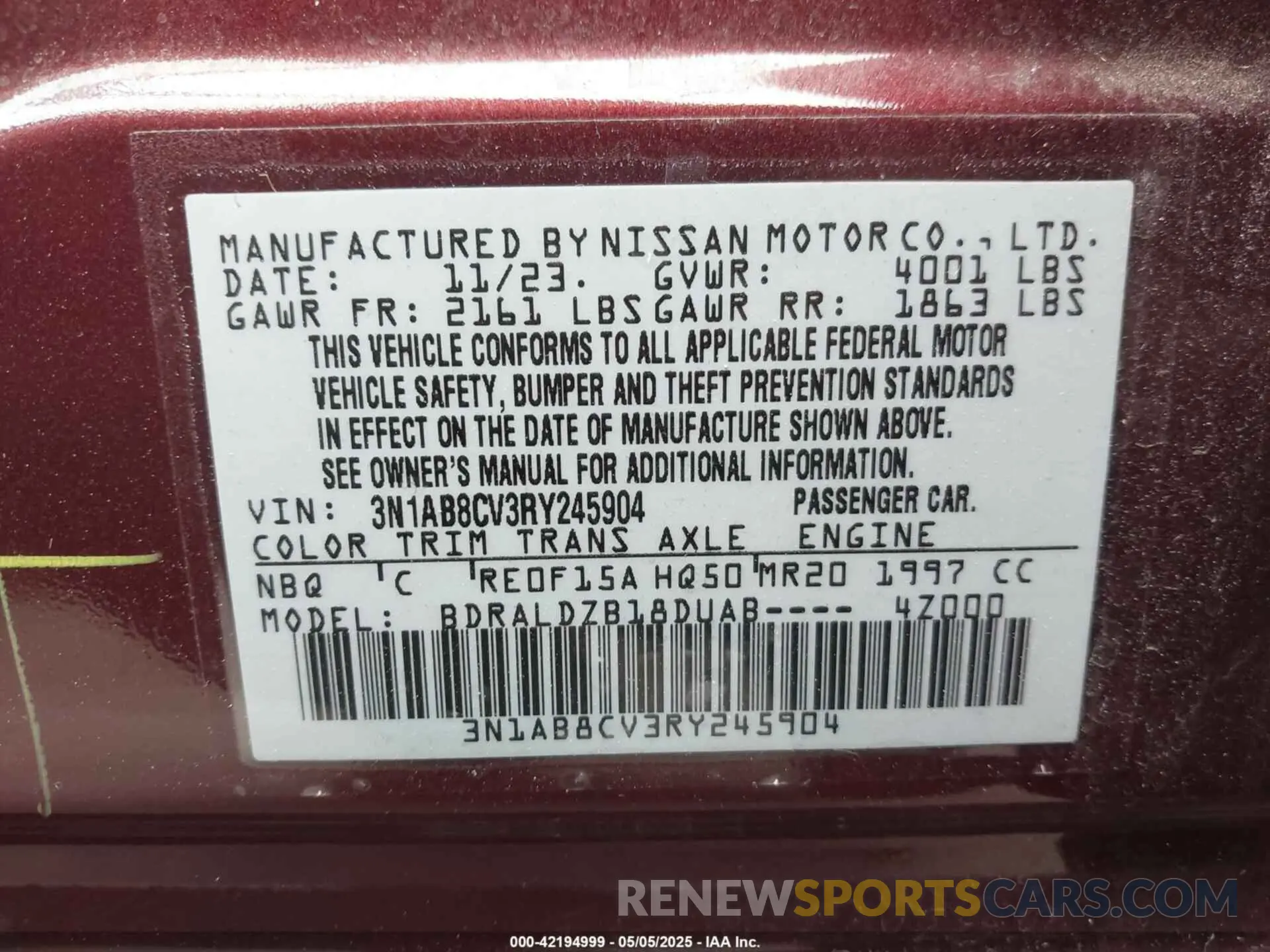 9 fotografías del automóvil dañado 3N1AB8CV3RY245904 NISSAN SENTRA 2024